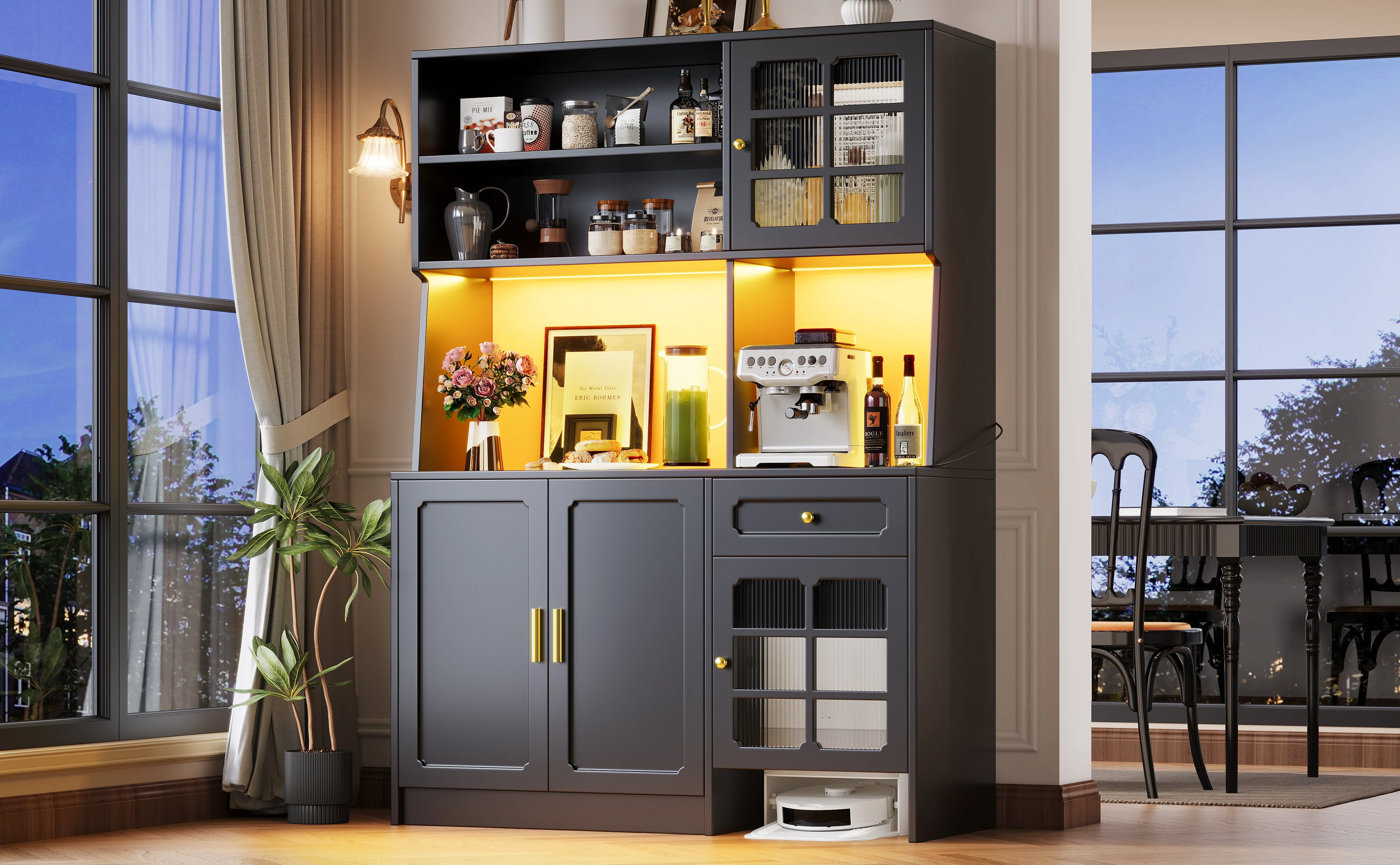 Tall Kitchen Cabinet Sideboard with Glass Doors and LED Lighting, Black - Image 4
