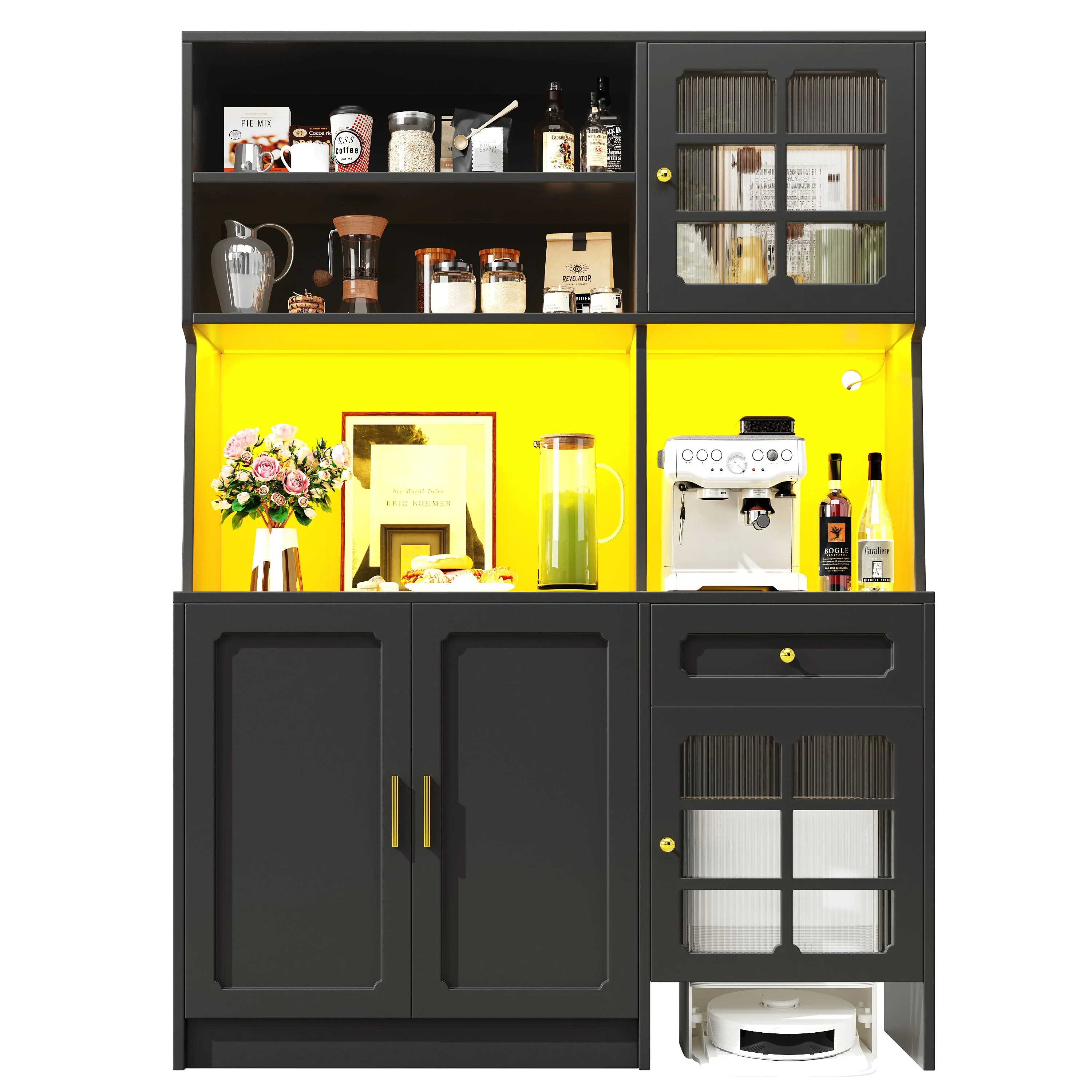 Tall Kitchen Cabinet Sideboard with Glass Doors and LED Lighting, Black - Image 7