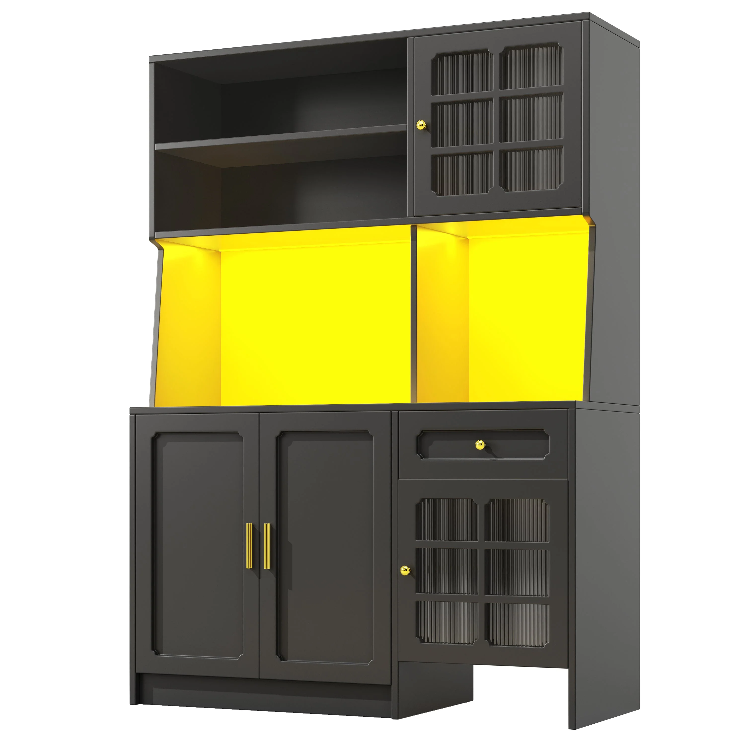 Tall Kitchen Cabinet Sideboard with Glass Doors and LED Lighting, Black - Image 9