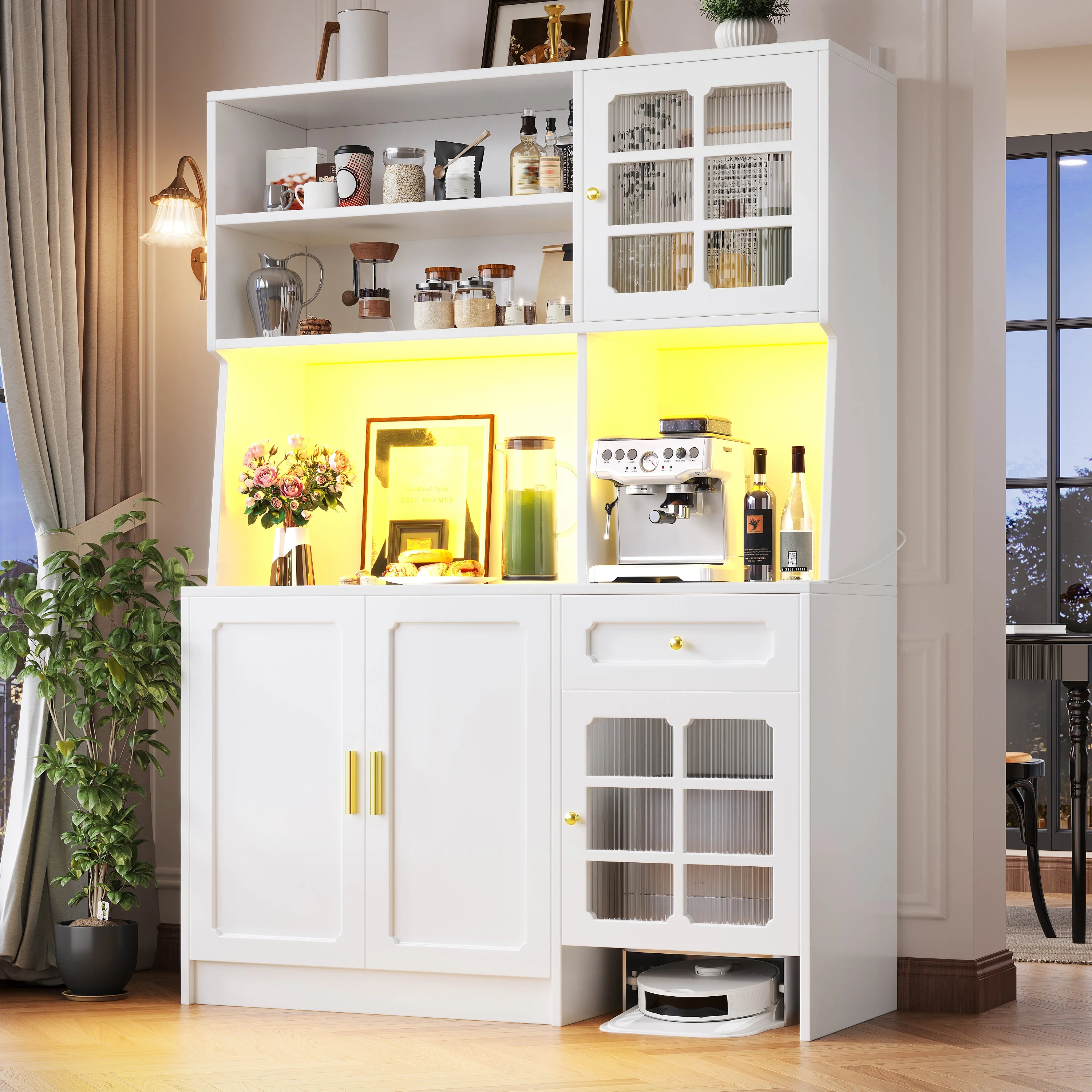 Tall Kitchen Cabinet with Glass Doors and LED Lighting, White - Image 4