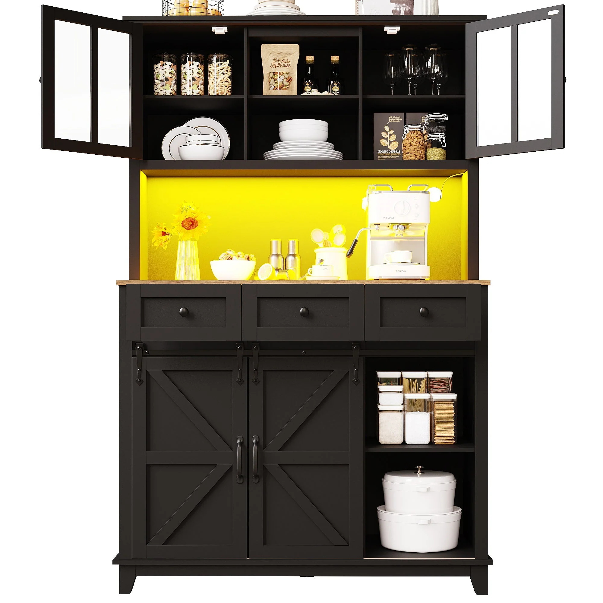 Tall Kitchen Cabinet with LED Lighting and Adjustable Shelves, Black - Image 9