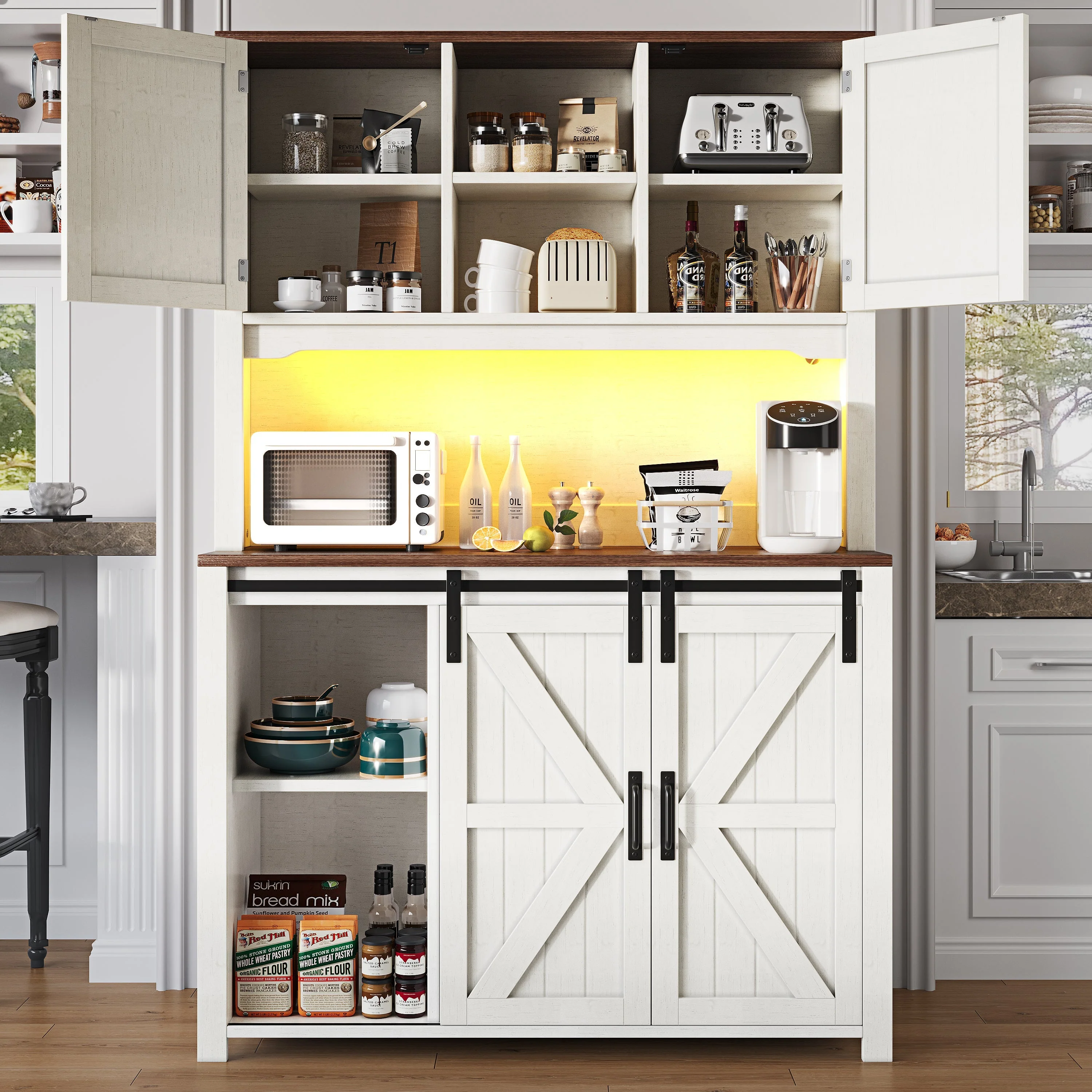 Tall Kitchen Sideboards with Sliding Doors and LED Lighting, Black and White - Image 4