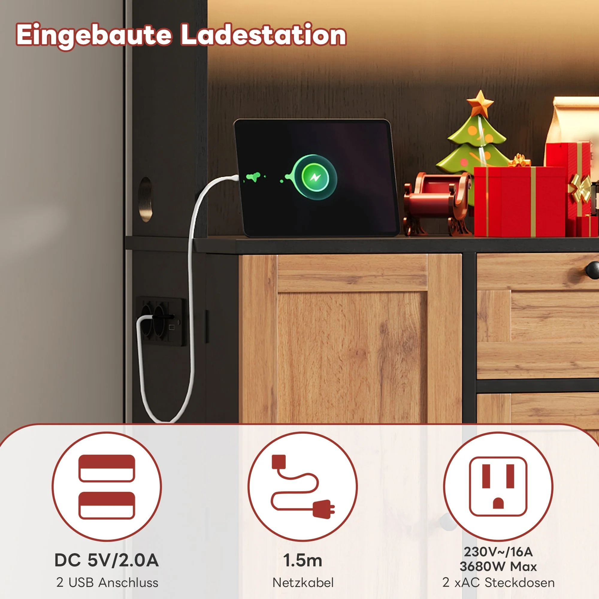 Tall Kitchen Storage Cabinet with LED Lighting and Power Outlet, White and Wood Look - Image 4