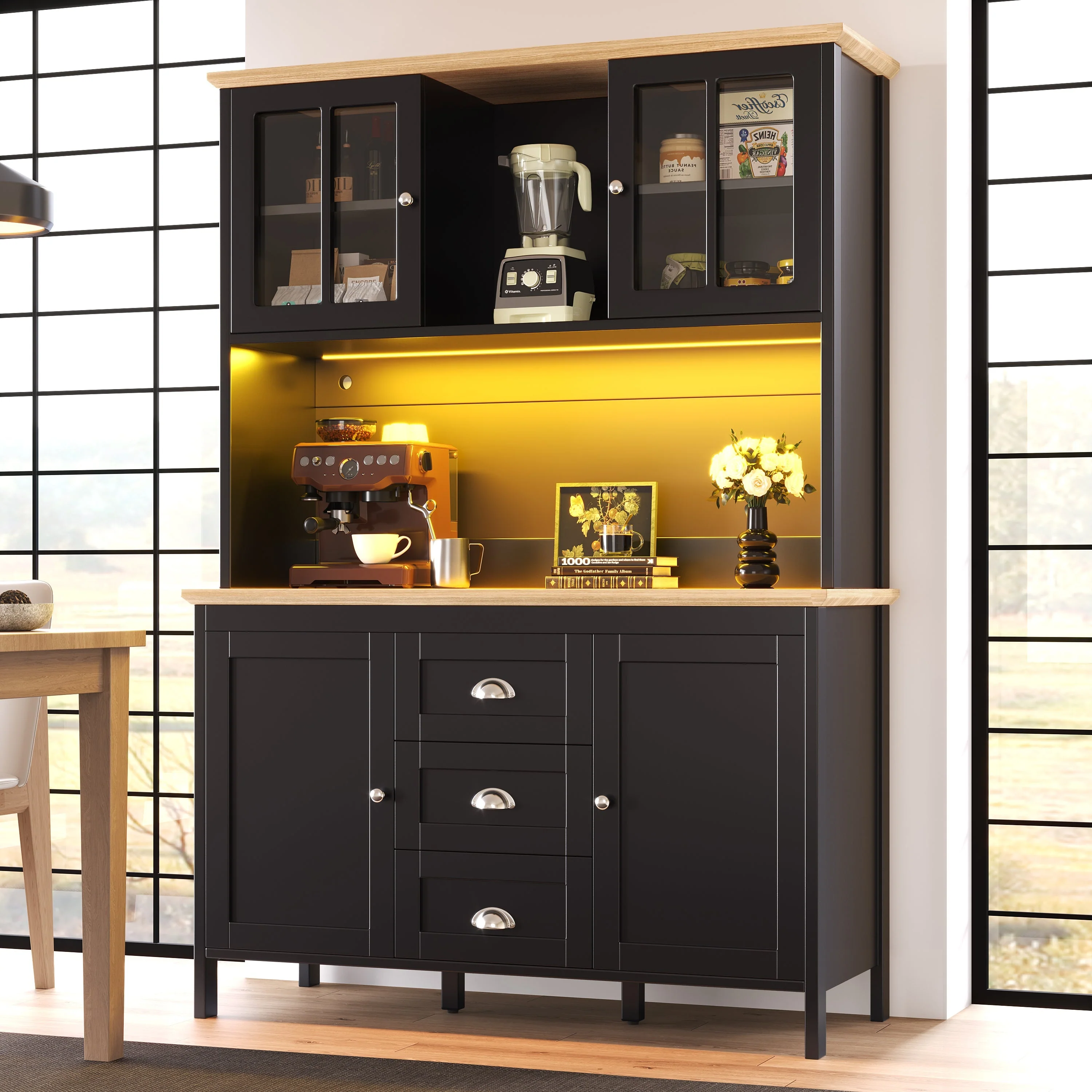 Tall Sideboard with LED Lighting, 4 Doors and 3 Drawers, White and Black - Image 5