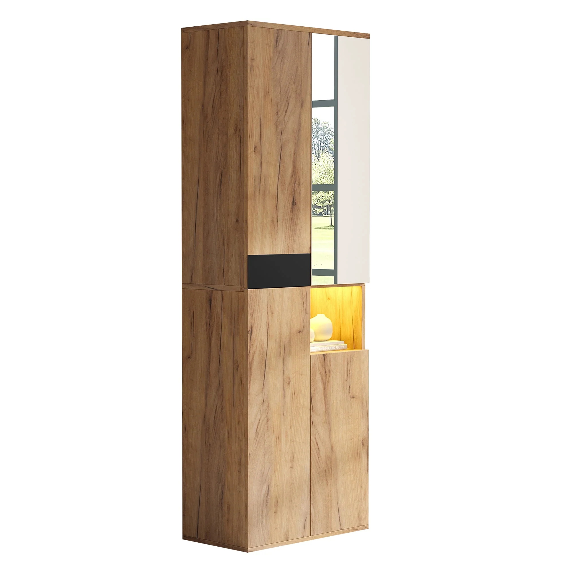 Tall Wardrobe Mirror Four Doors Open Storage Black/Natural Wood Finish - Image 3