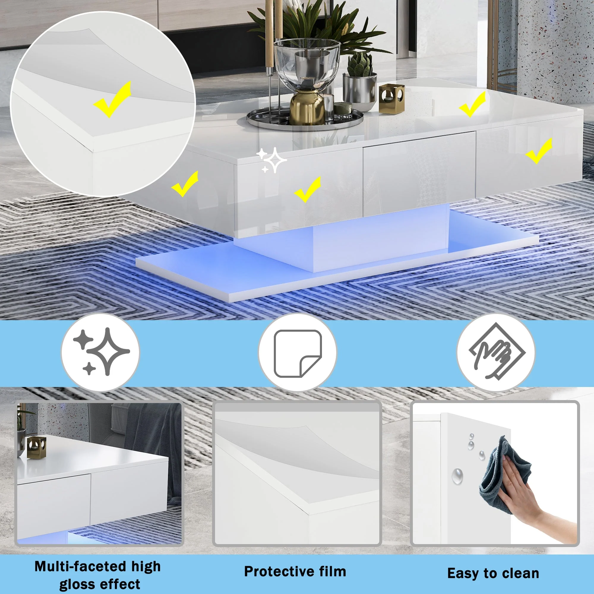 Tea Table, High Gloss Sofa Desk with 2 Drawers, 100cm White - Image 10