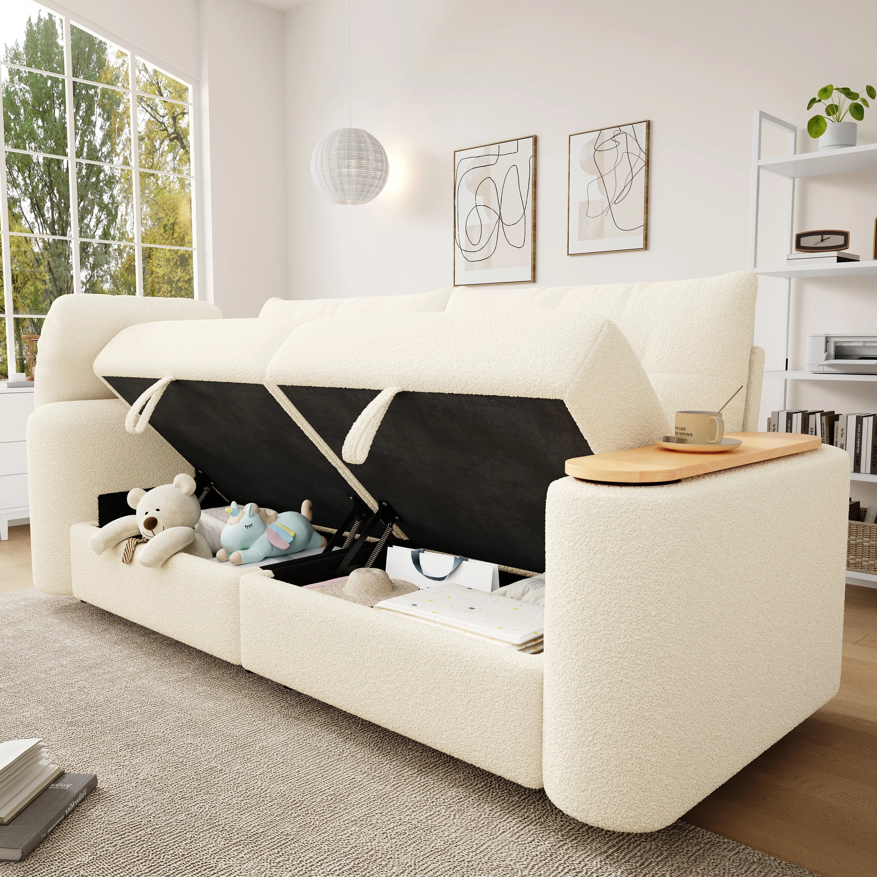 Teddy Plush Sofa, 3-Seater Modular Sofa Bed with Storage and Side Table, Beige - Image 4