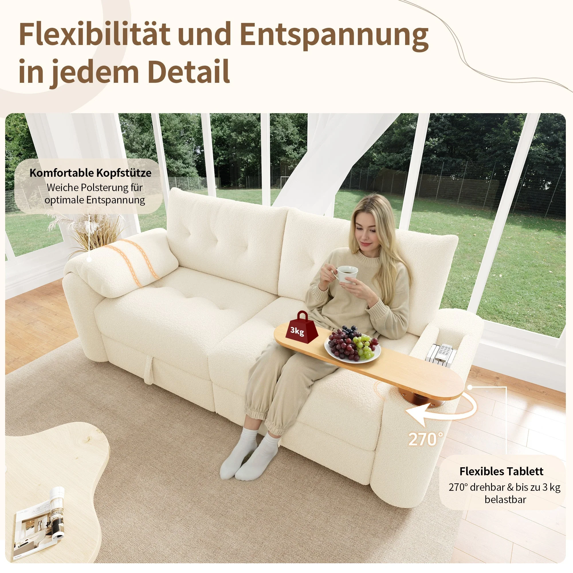 Teddy Plush Sofa, 3-Seater Modular Sofa Bed with Storage and Side Table, Beige - Image 5