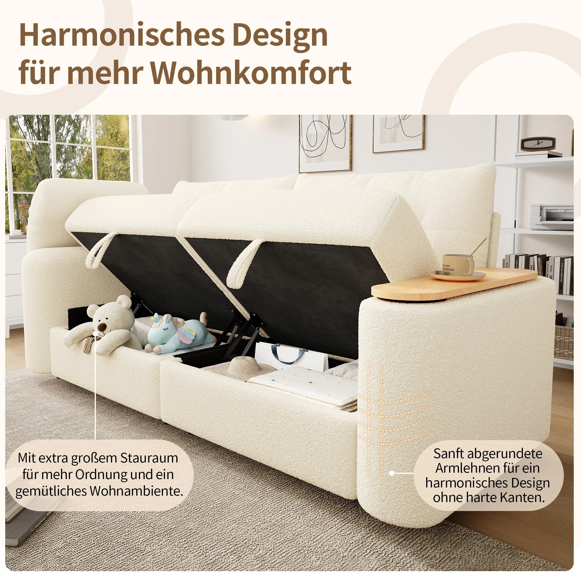 Teddy Plush Sofa, 3-Seater Modular Sofa Bed with Storage and Side Table, Beige - Image 6
