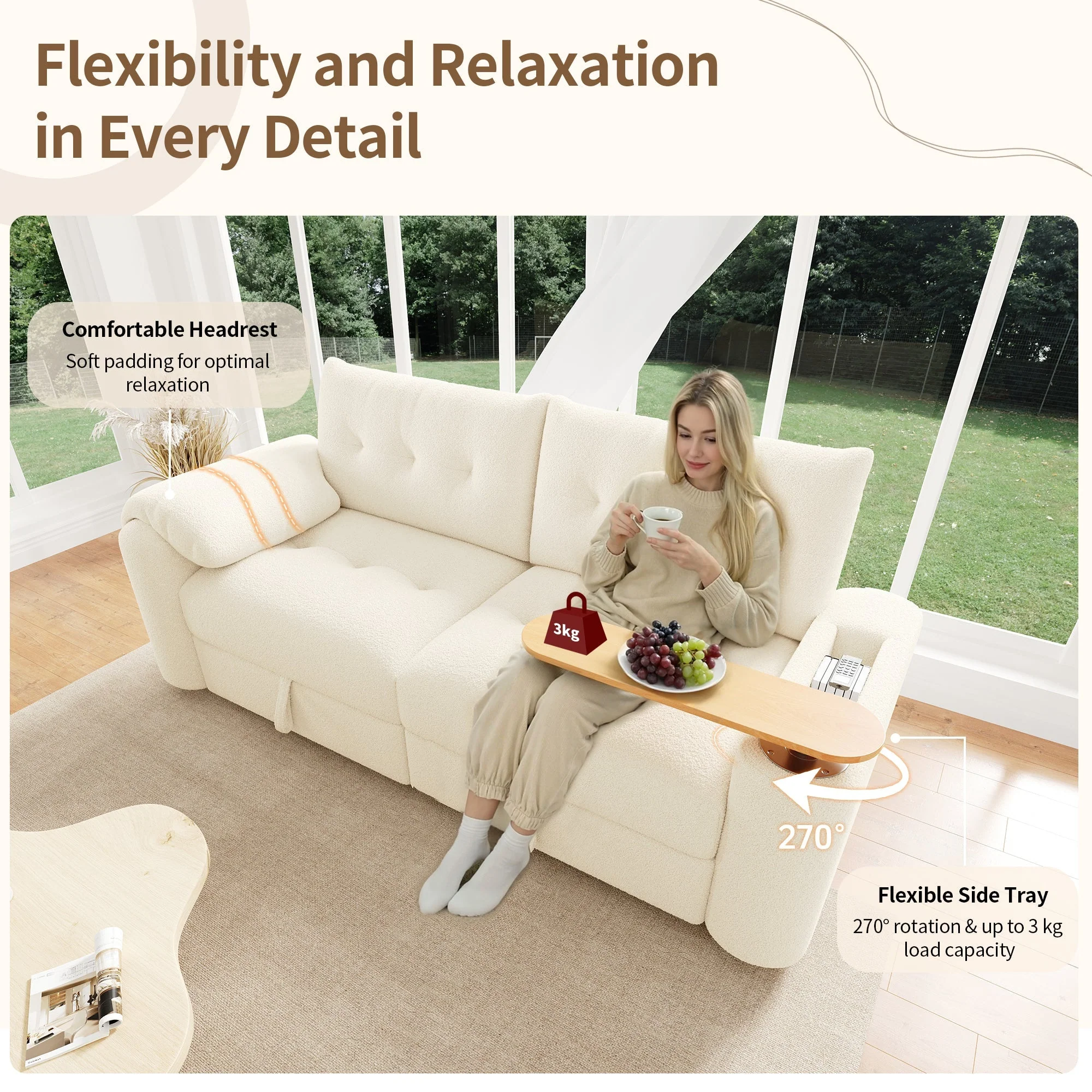 Teddy Plush Sofa, 3-Seater Modular Sofa Bed with Storage and Side Table, Beige - Image 7