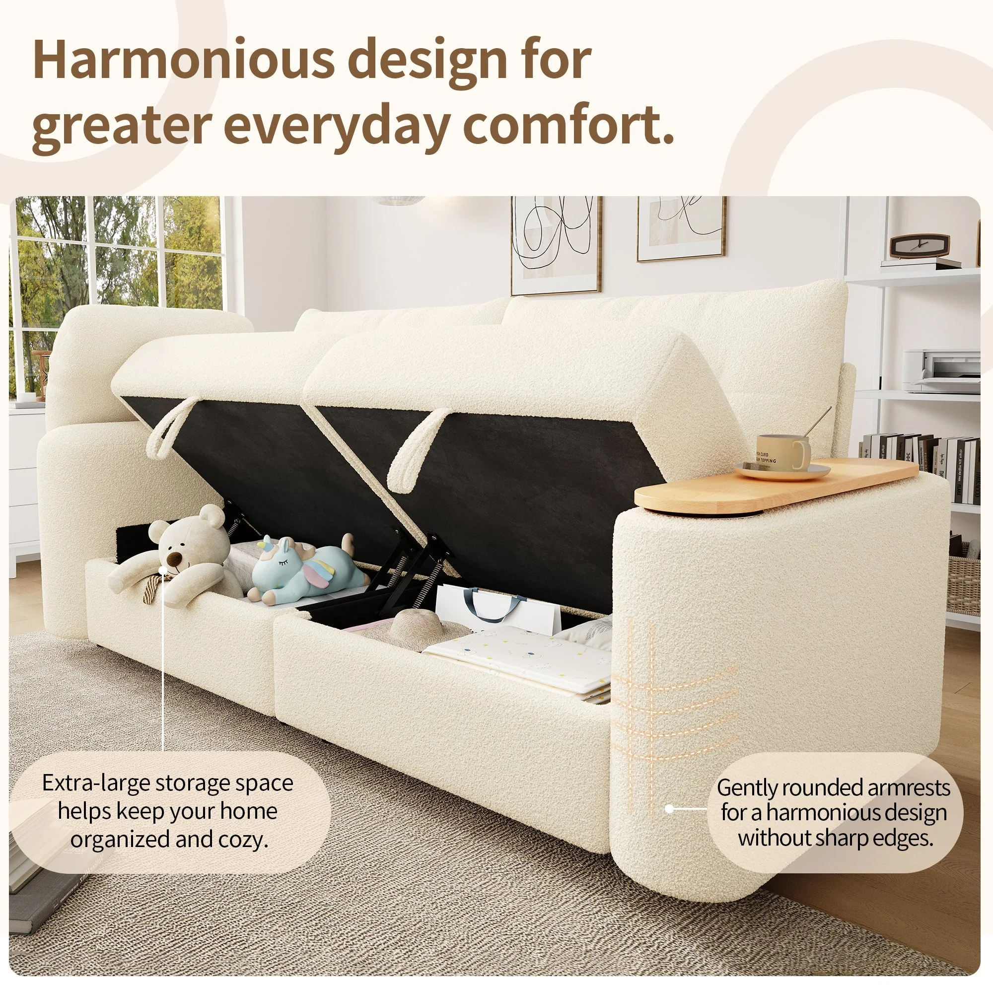 Teddy Plush Sofa, 3-Seater Modular Sofa Bed with Storage and Side Table, Beige - Image 8