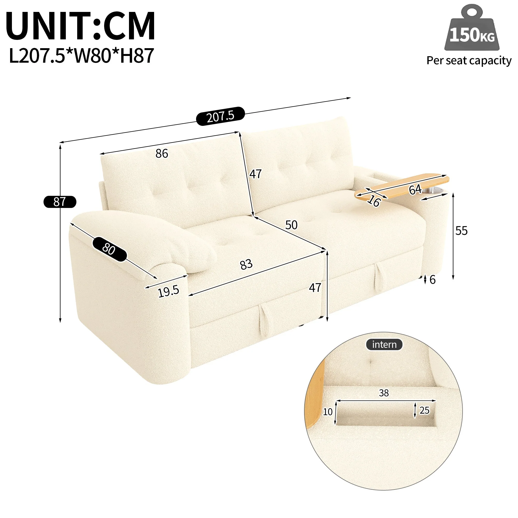 Teddy Plush Sofa, 3-Seater Modular Sofa Bed with Storage and Side Table, Beige - Image 9