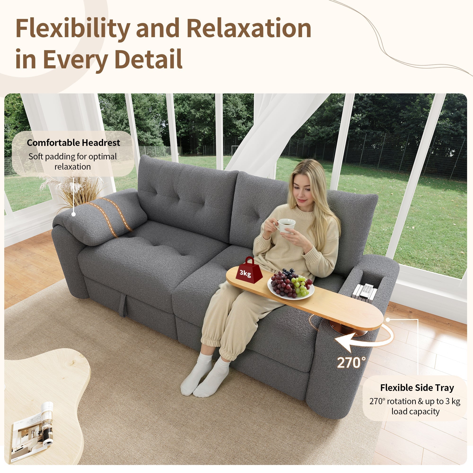 Teddy Plush Sofa, 3-Seater Modular Sofa Bed with Storage and Side Table, Gray - Image 7