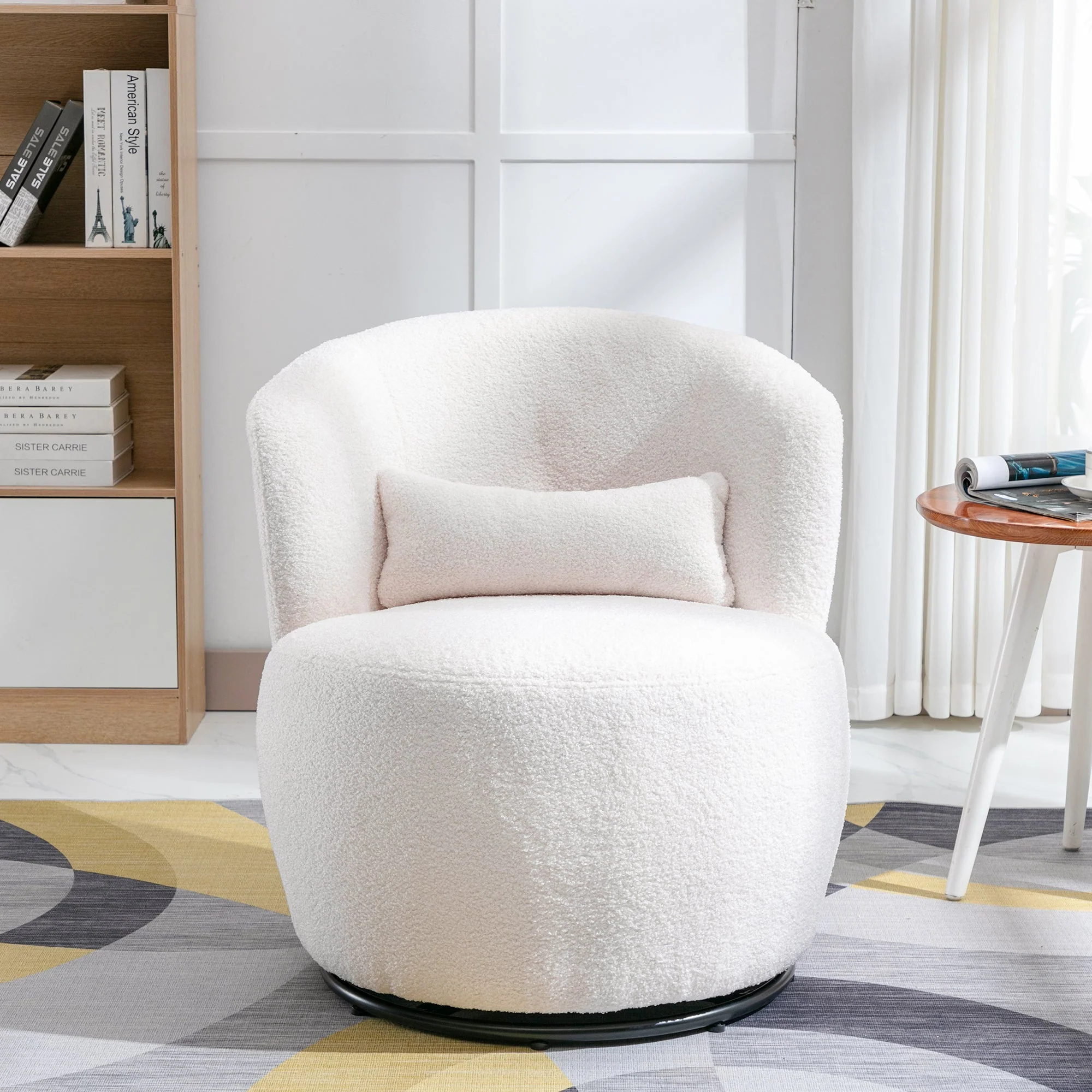 Teddy Plush Swivel Chair with Lumbar Cushion, 100 kg Load Capacity, White - Image 3