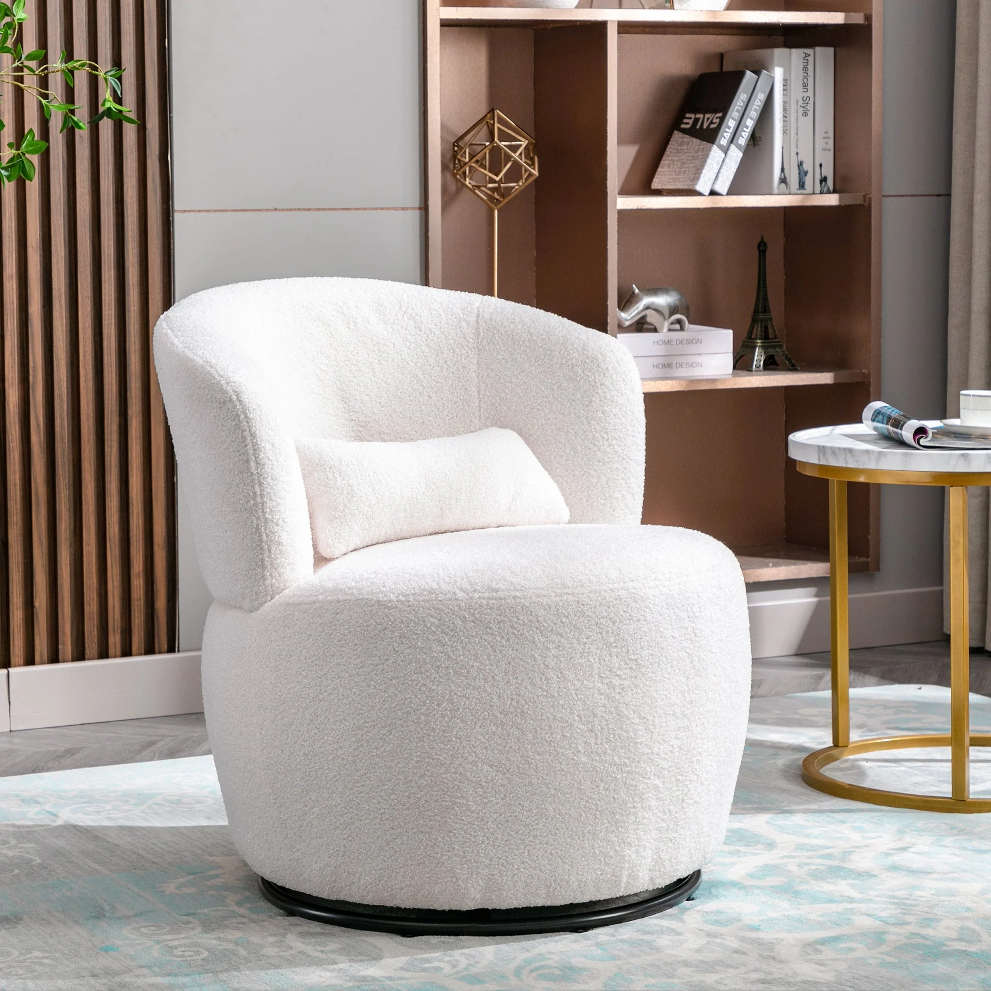 Teddy Plush Swivel Chair with Lumbar Cushion, 100 kg Load Capacity, White - Image 4