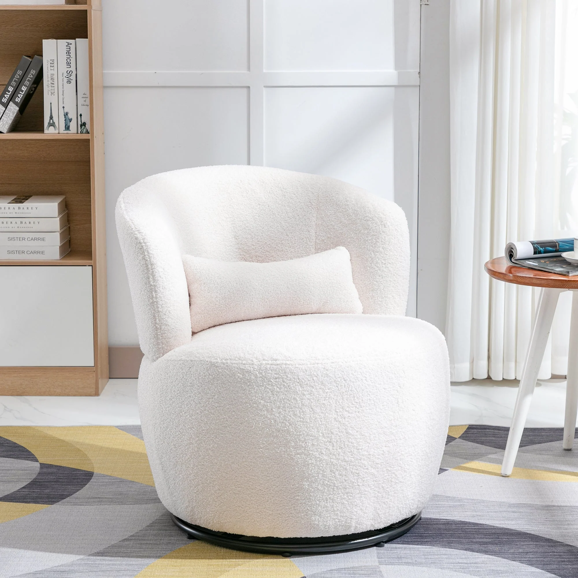 Teddy Plush Swivel Chair with Lumbar Cushion, 100 kg Load Capacity, White - Image 5