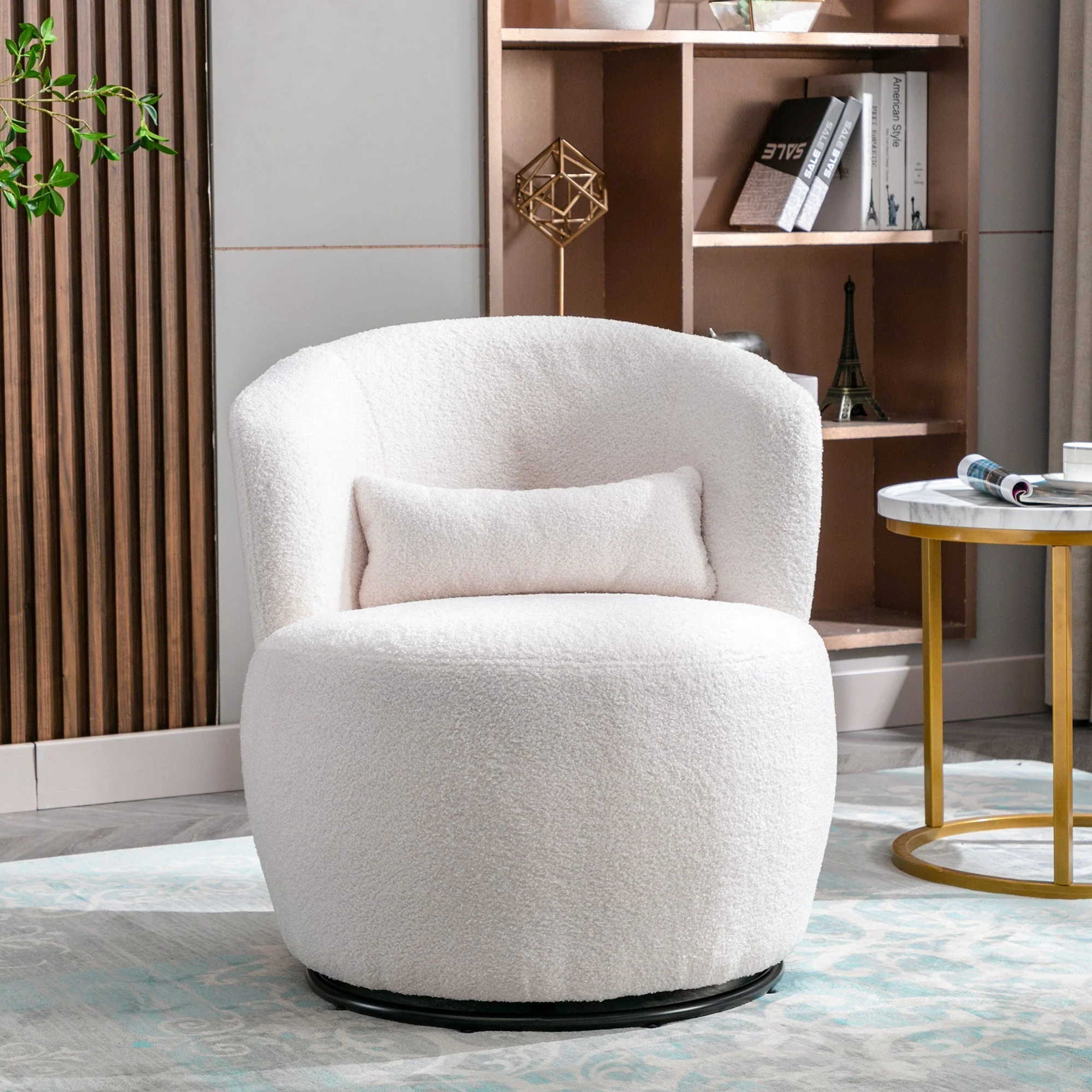 Teddy Plush Swivel Chair with Lumbar Cushion, 100 kg Load Capacity, White - Image 7