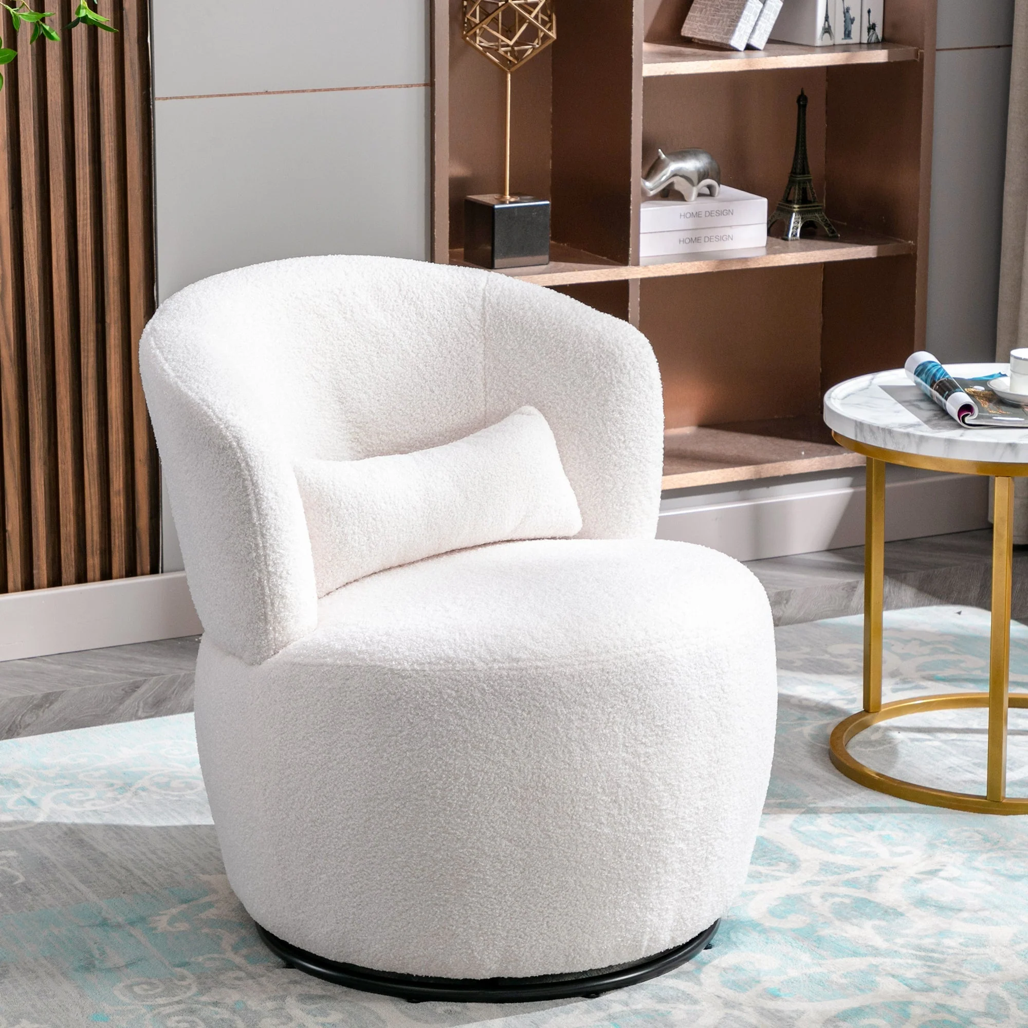 Teddy Plush Swivel Chair with Lumbar Cushion, 100 kg Load Capacity, White - Image 8