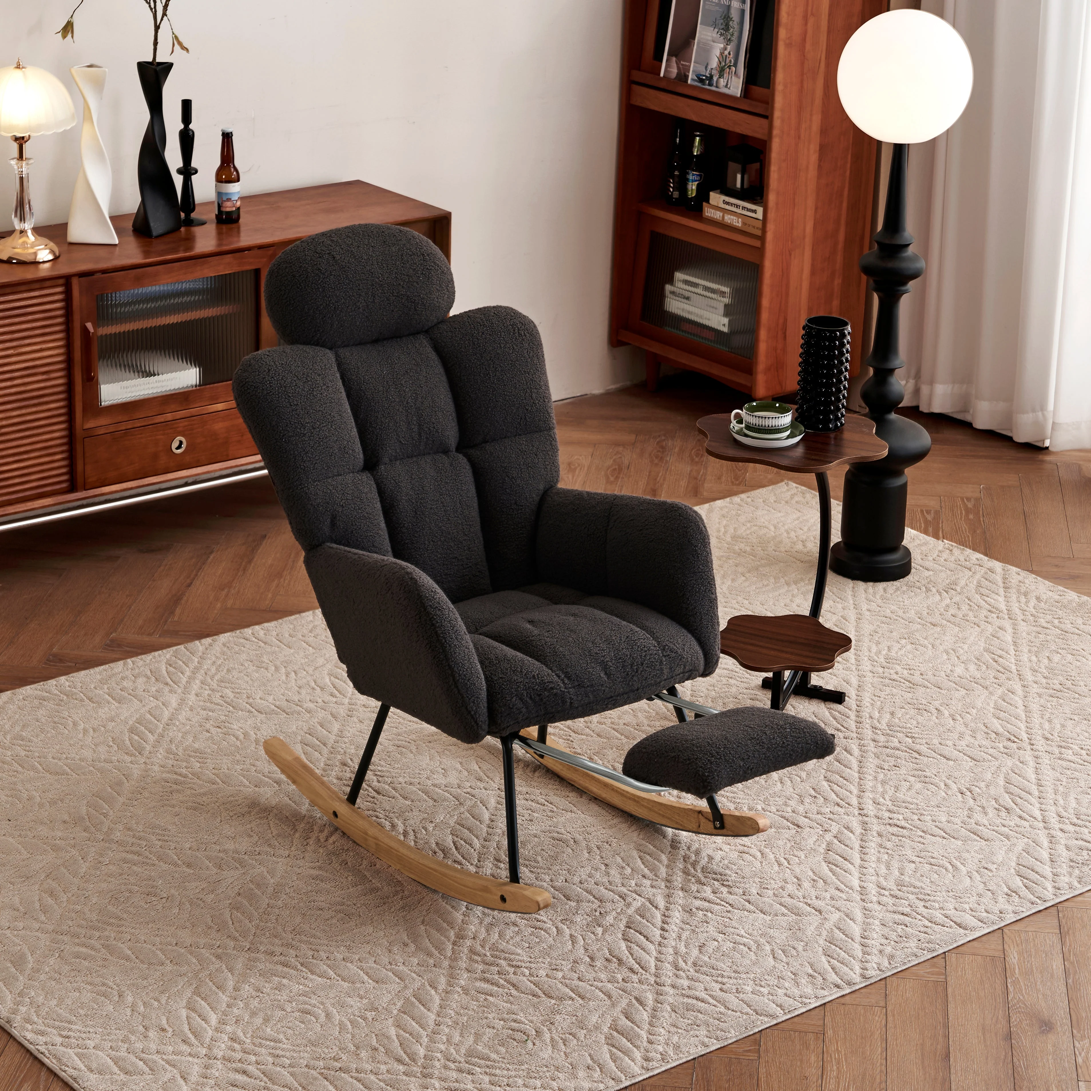 Teddy Rocking Chair Tufted Upholstered Padded Seat Headrest Foldable Footrest, Dark Grey - Image 8