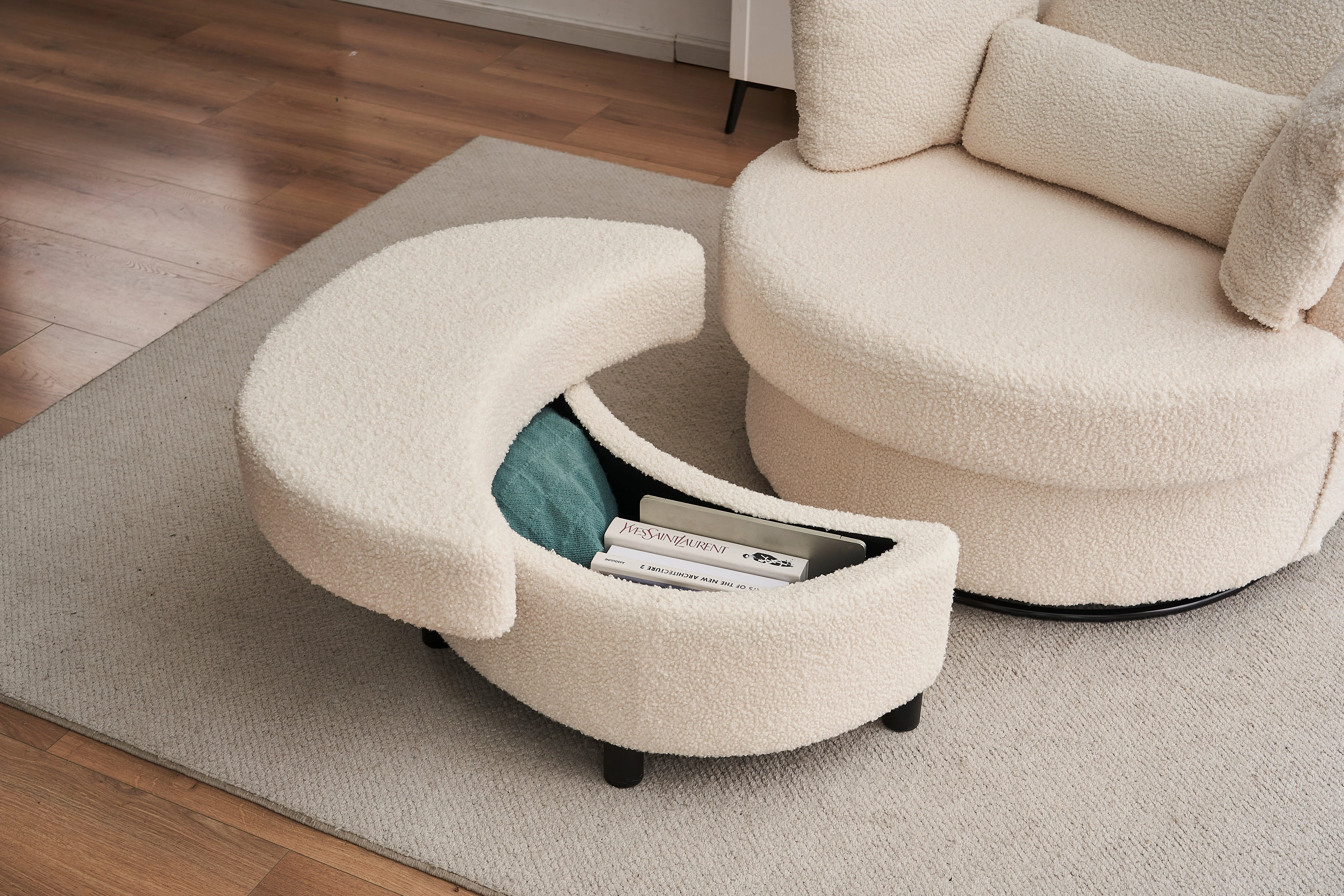 Teddy swivel armchair with 3 back cushion pillow ottoman crescent stool, White - Image 5