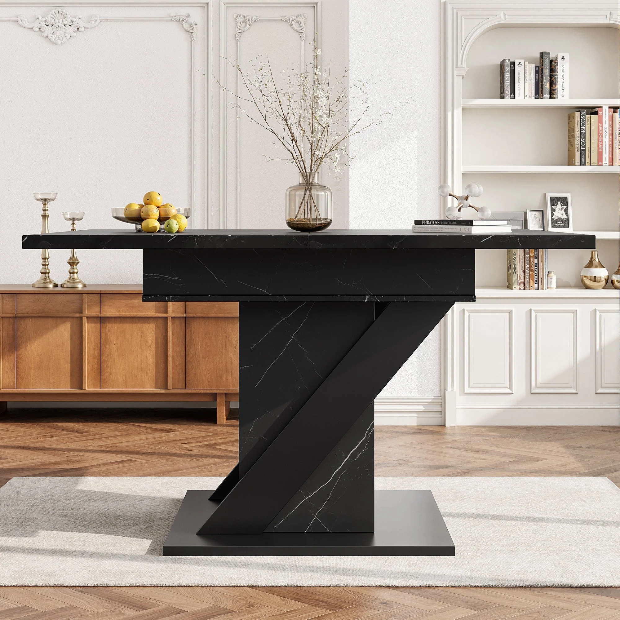 Telescopic Dining Table 110-140x80cm Extendable - Black Marble Look - Image 2