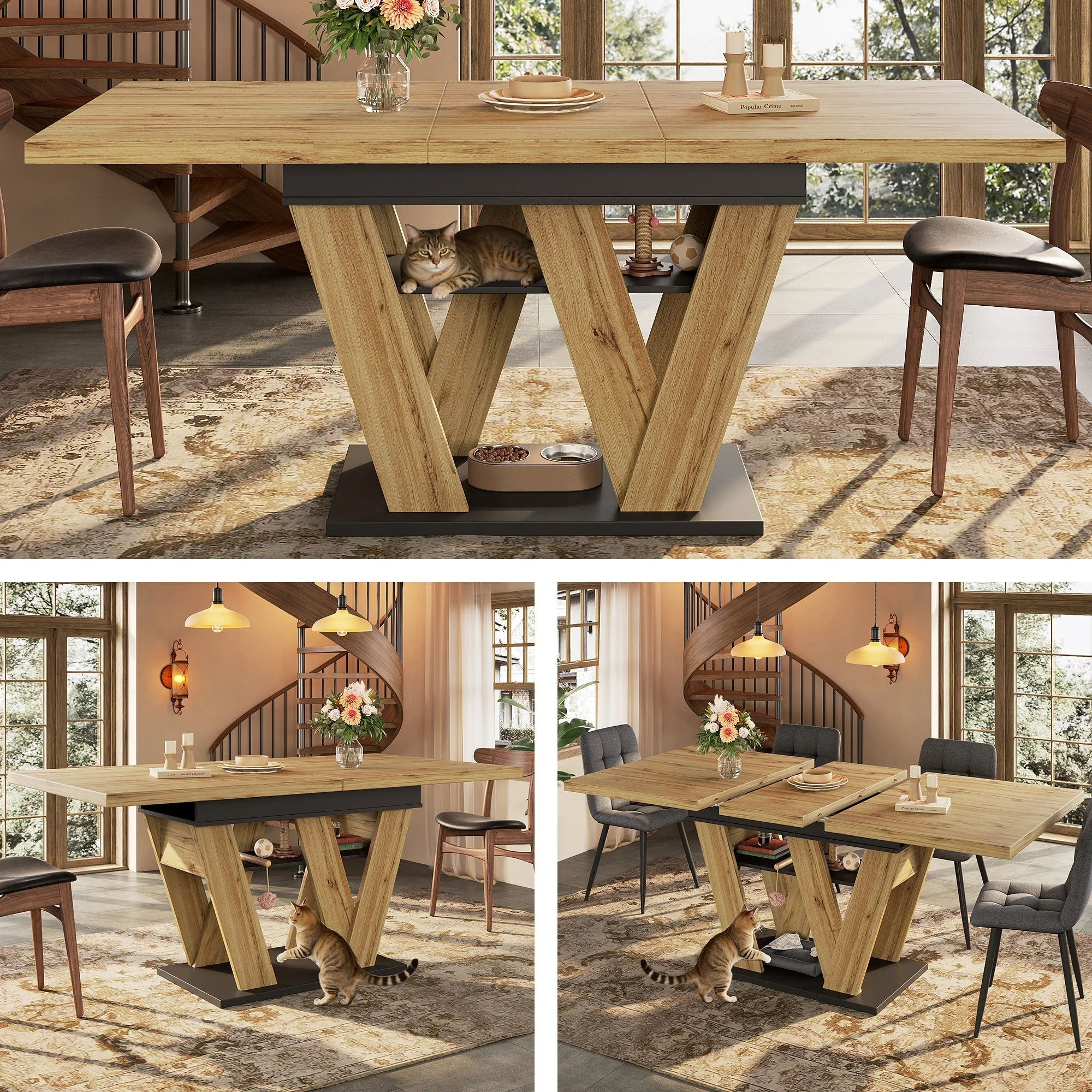 Telescopic Dining Table Extendable 119-158.5x80cm W-Legs - Natural Wood
