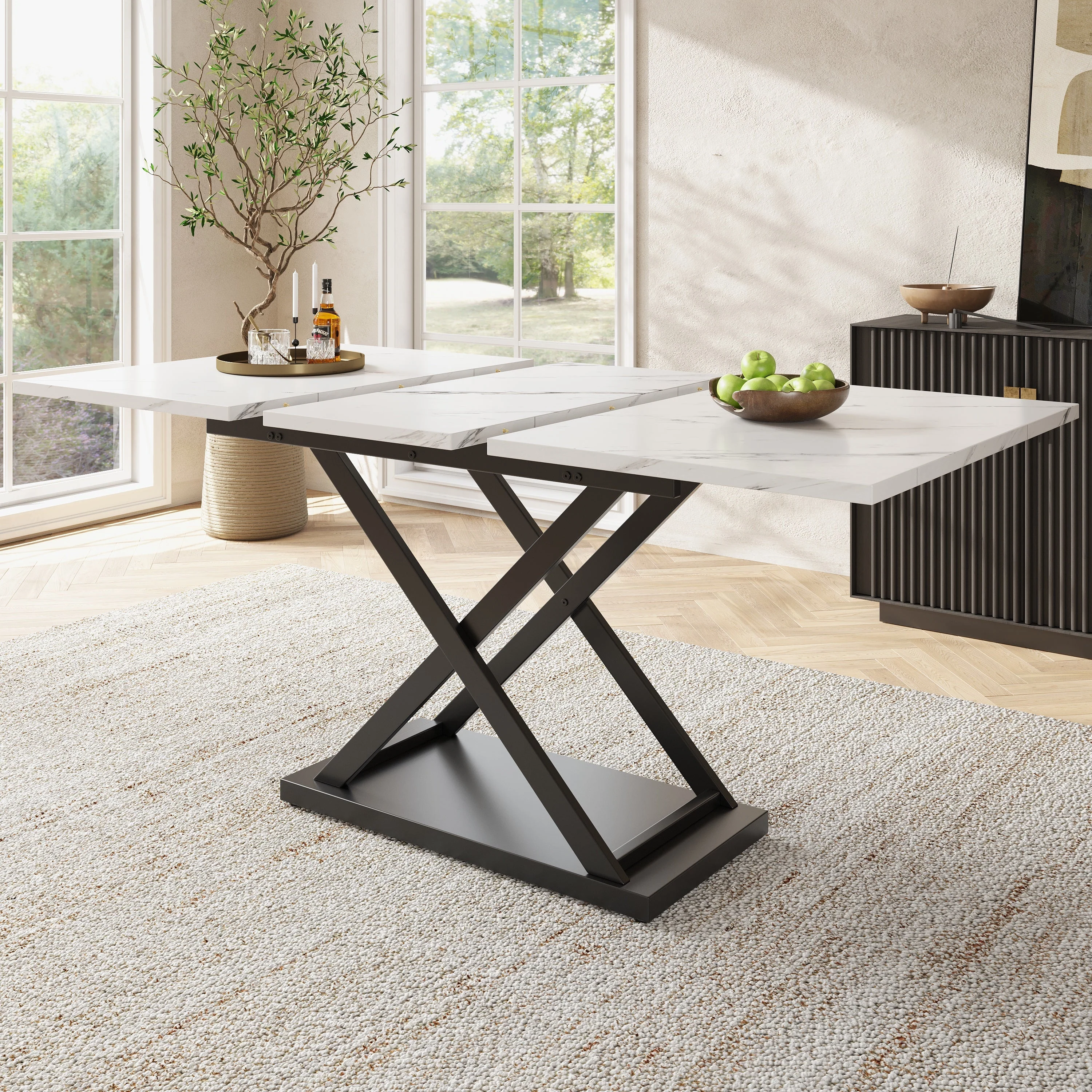Telescopic Dining Table Extendable 120-160x80cm Crossed Iron Legs - White Marble/Black - Image 2