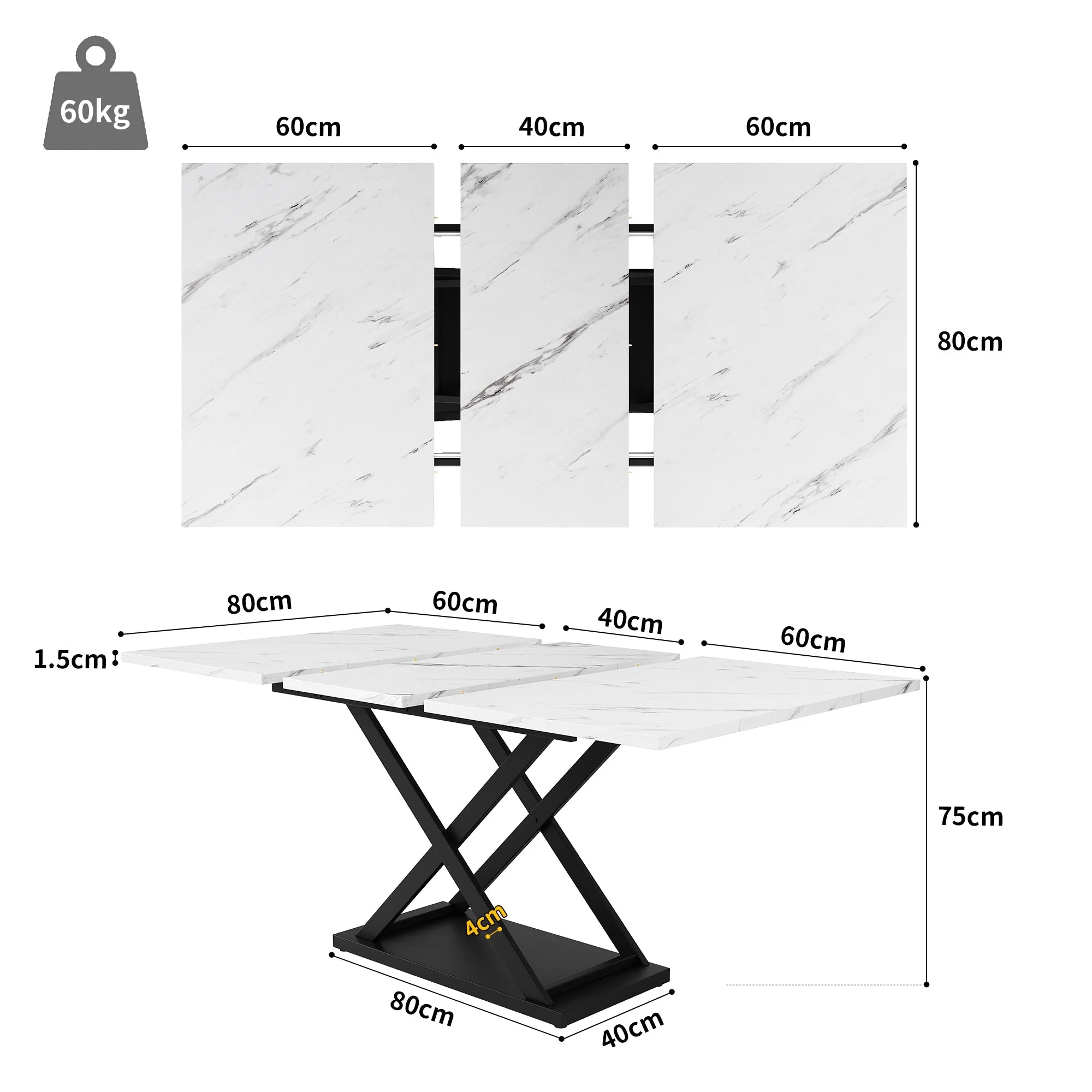 Telescopic Dining Table Extendable 120-160x80cm Crossed Iron Legs - White Marble/Black - Image 5