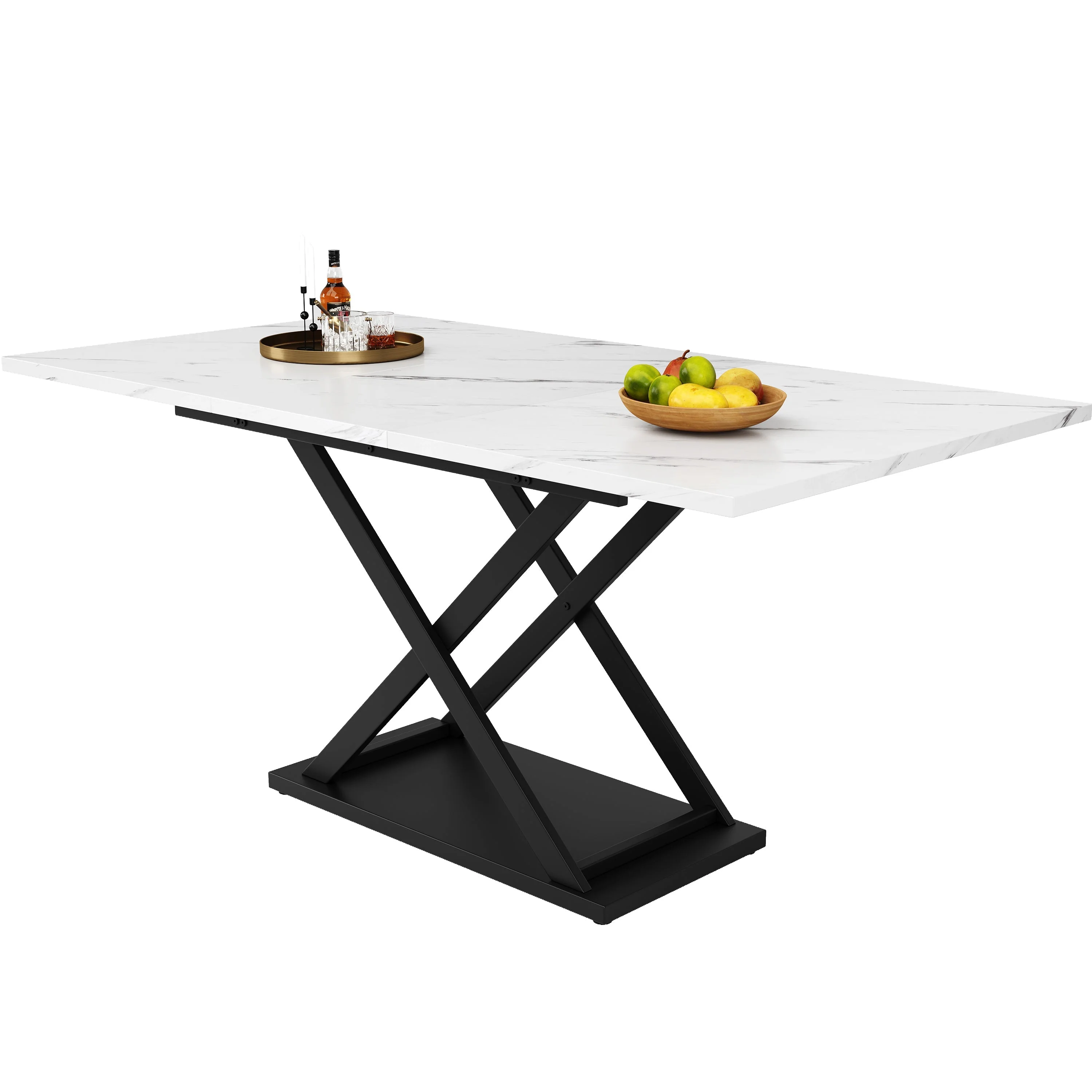 Telescopic Dining Table Extendable 120-160x80cm Crossed Iron Legs - White Marble/Black - Image 6
