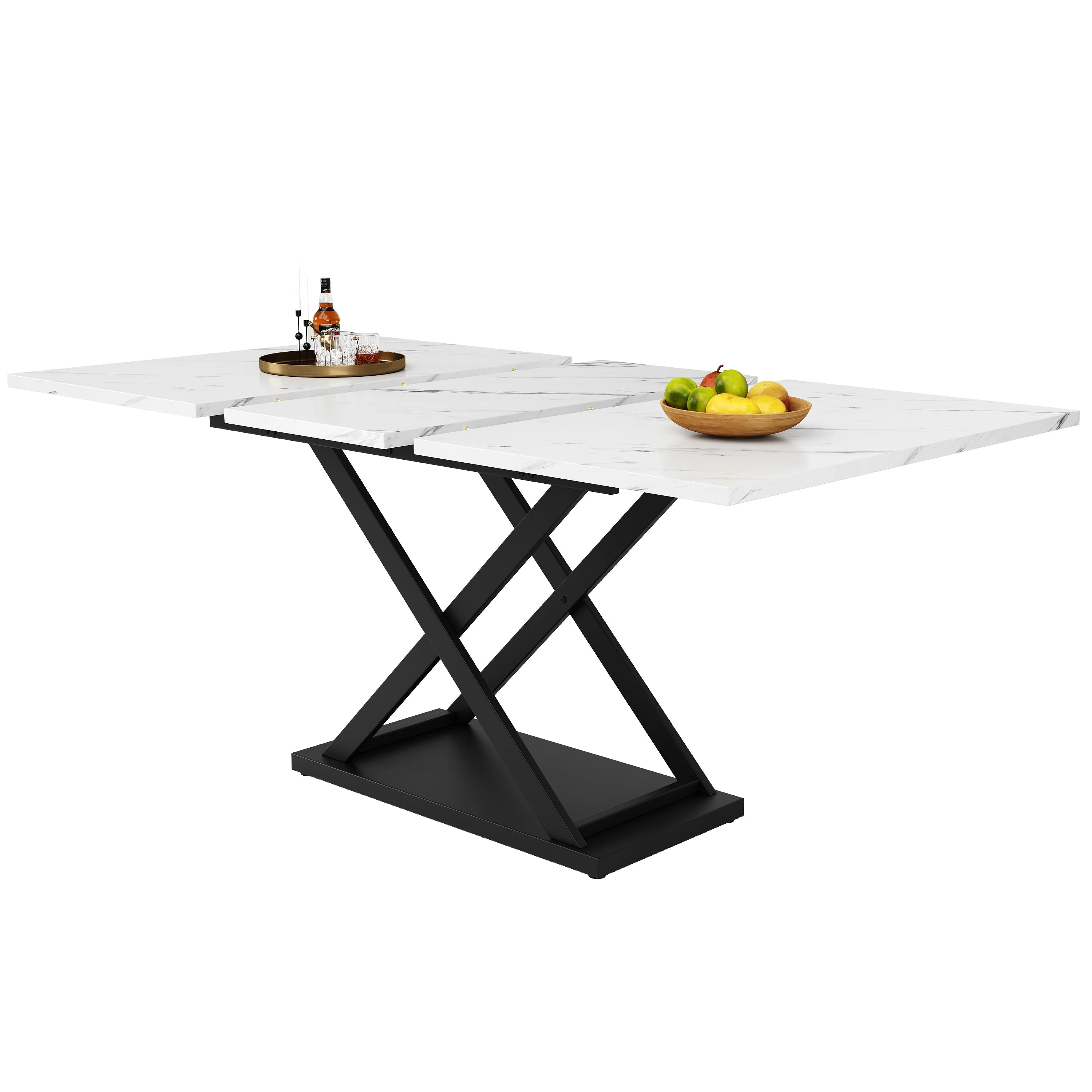 Telescopic Dining Table Extendable 120-160x80cm Crossed Iron Legs - White Marble/Black - Image 8