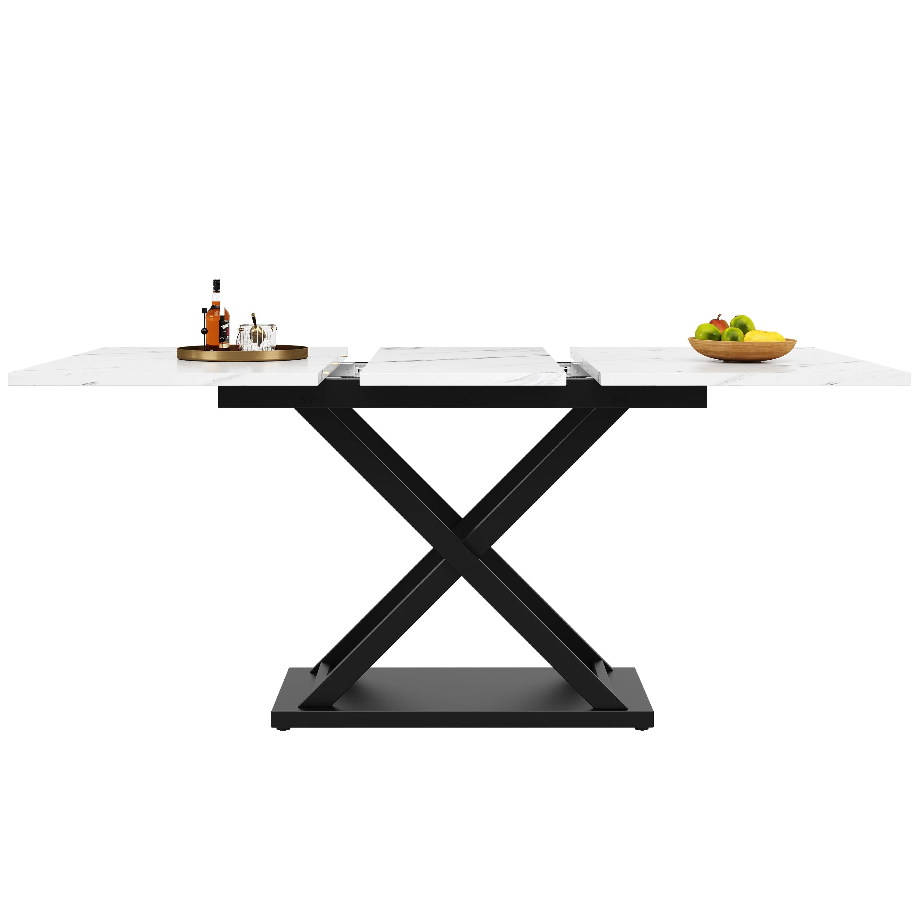 Telescopic Dining Table Extendable 120-160x80cm Crossed Iron Legs - White Marble/Black - Image 9