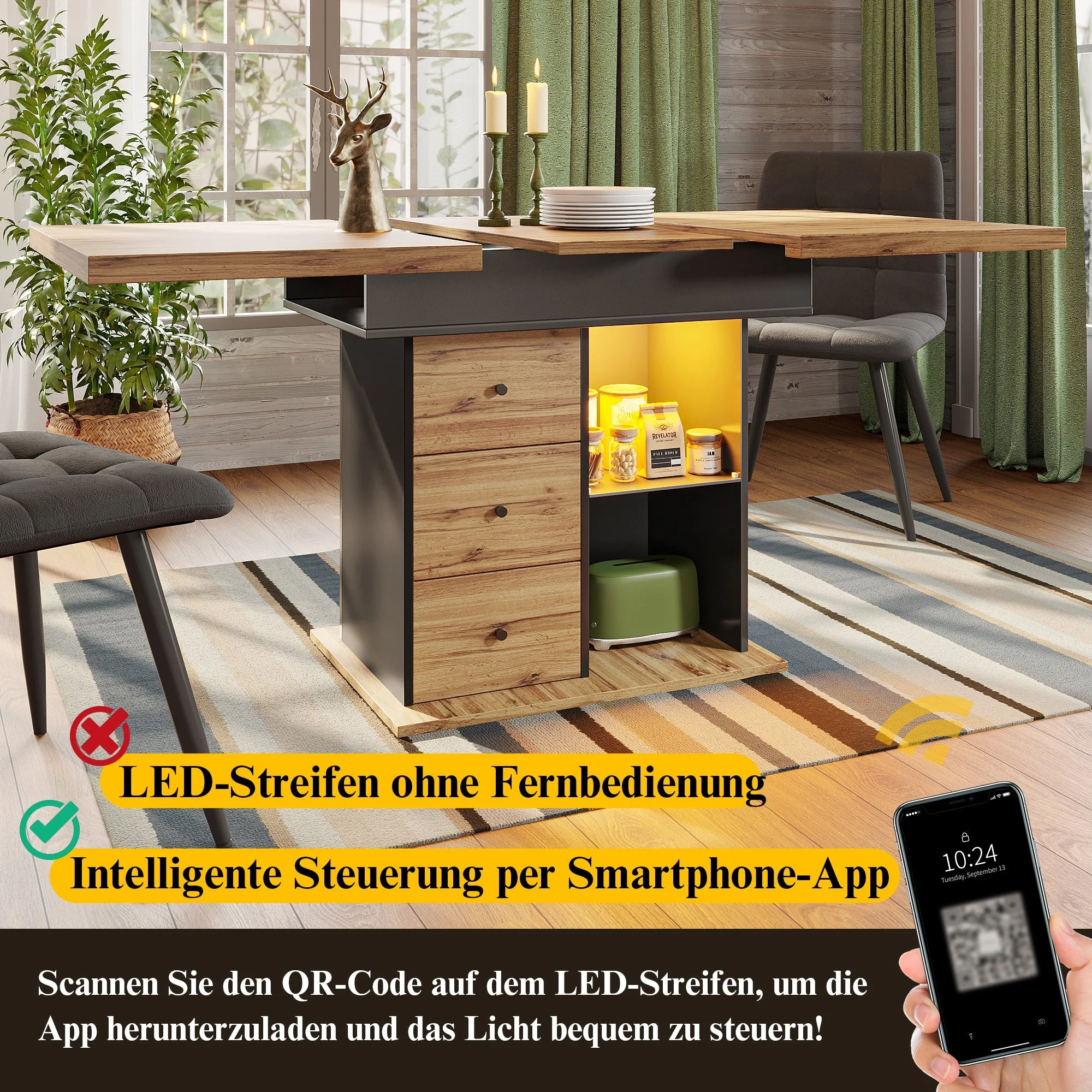 Telescopic Dining Table with Extendable Top and LED Lighting, Black - Image 10