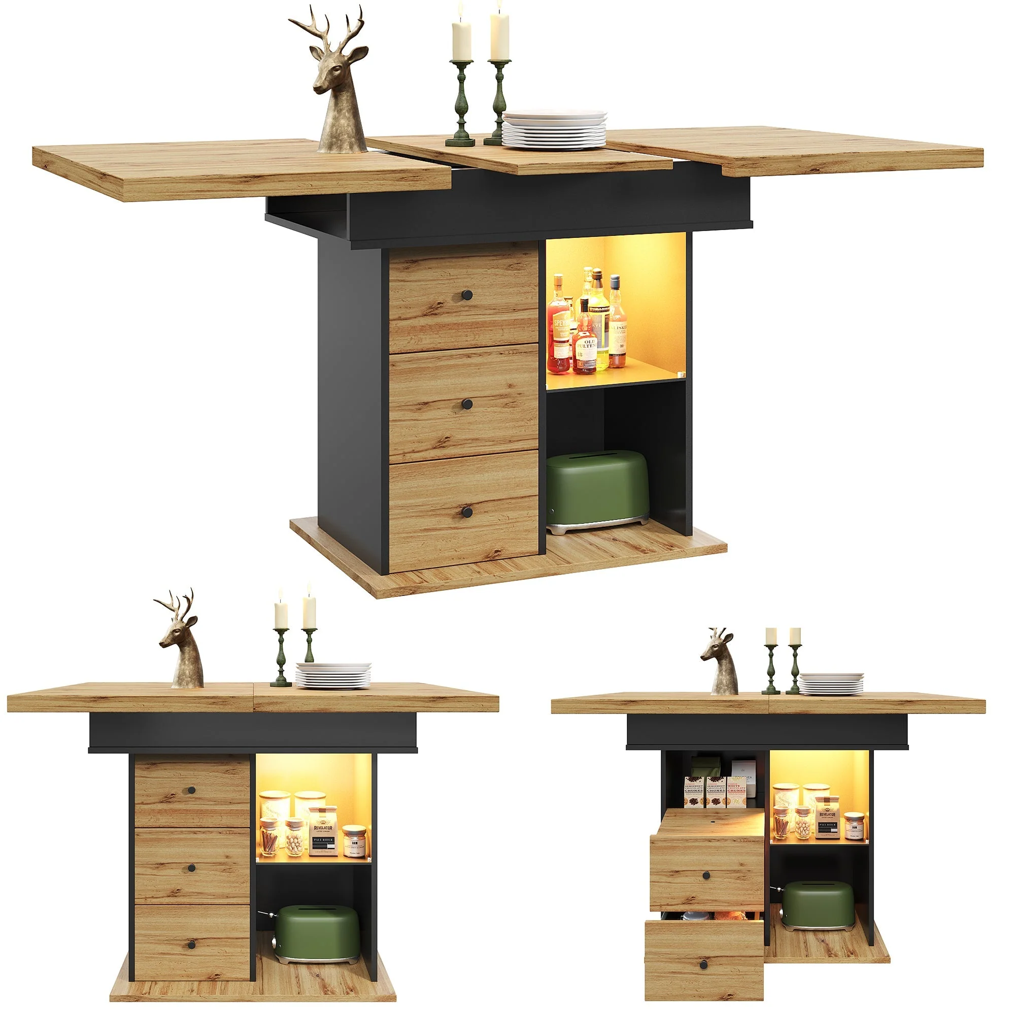 Telescopic Dining Table with Extendable Top and LED Lighting, Black - Image 2