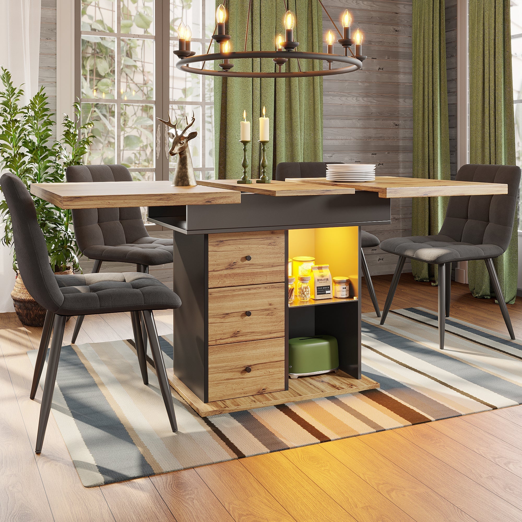 Telescopic Dining Table with Extendable Top and LED Lighting, Black - Image 3