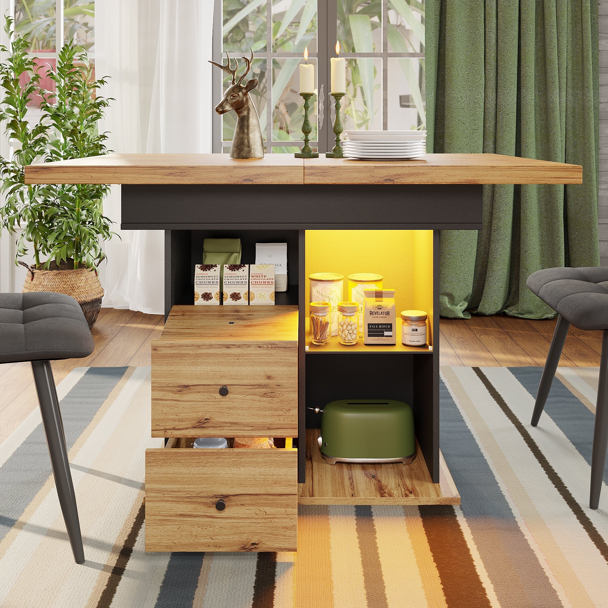 Telescopic Dining Table with Extendable Top and LED Lighting, Black - Image 4