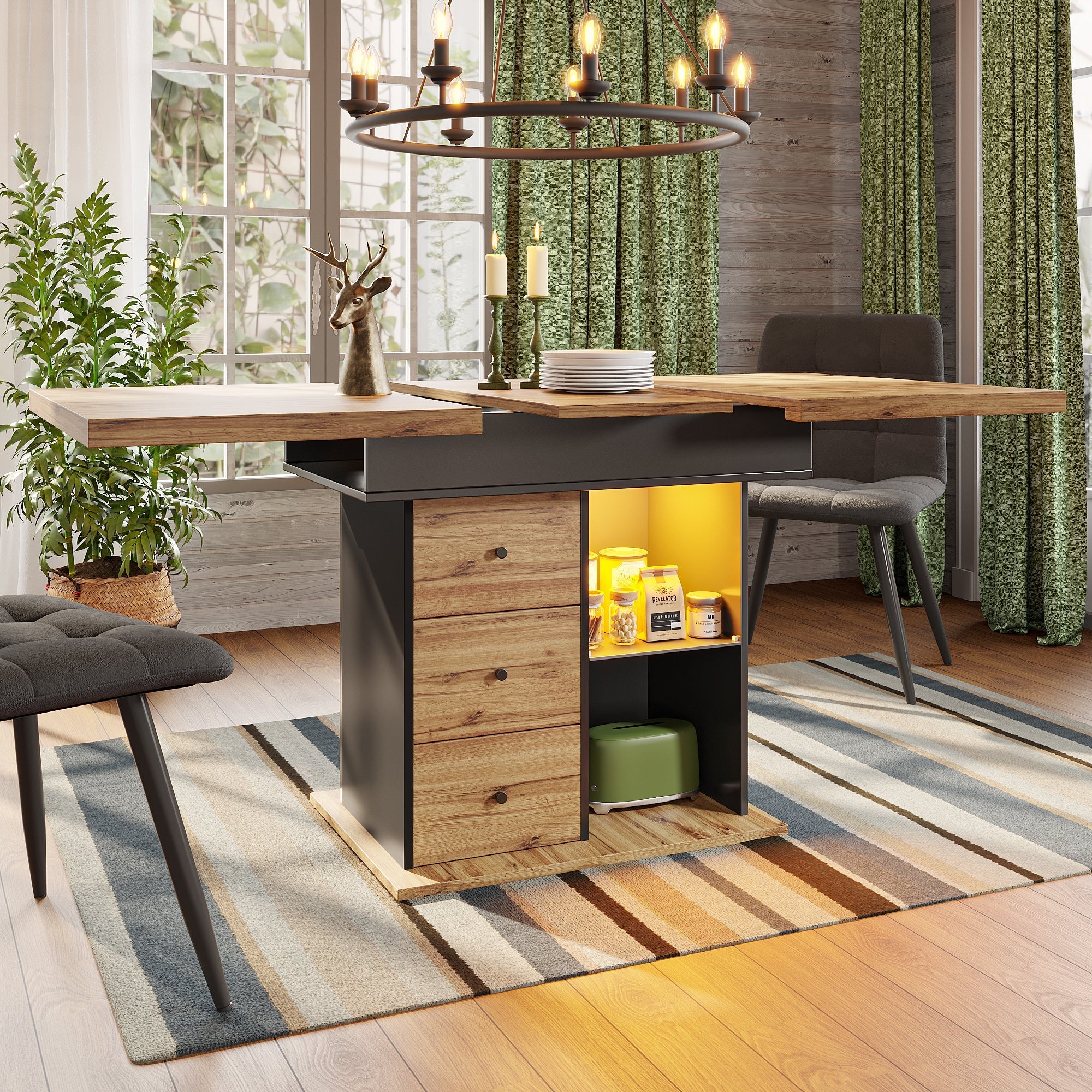 Telescopic Dining Table with Extendable Top and LED Lighting, Black - Image 5
