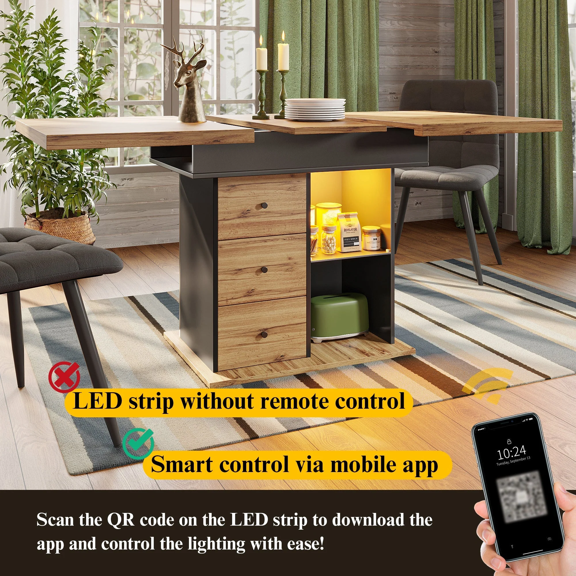 Telescopic Dining Table with Extendable Top and LED Lighting, Black - Image 9