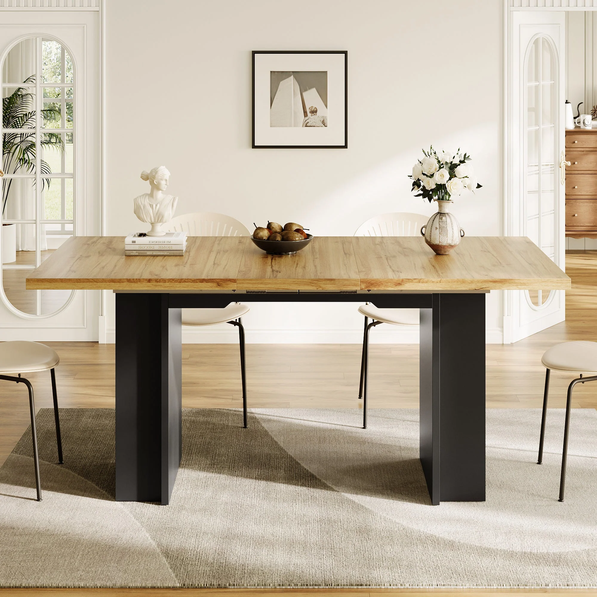 Telescopic Dining Table with Shelves and Extendable 120-160cm Surface, Wood Color - Image 5