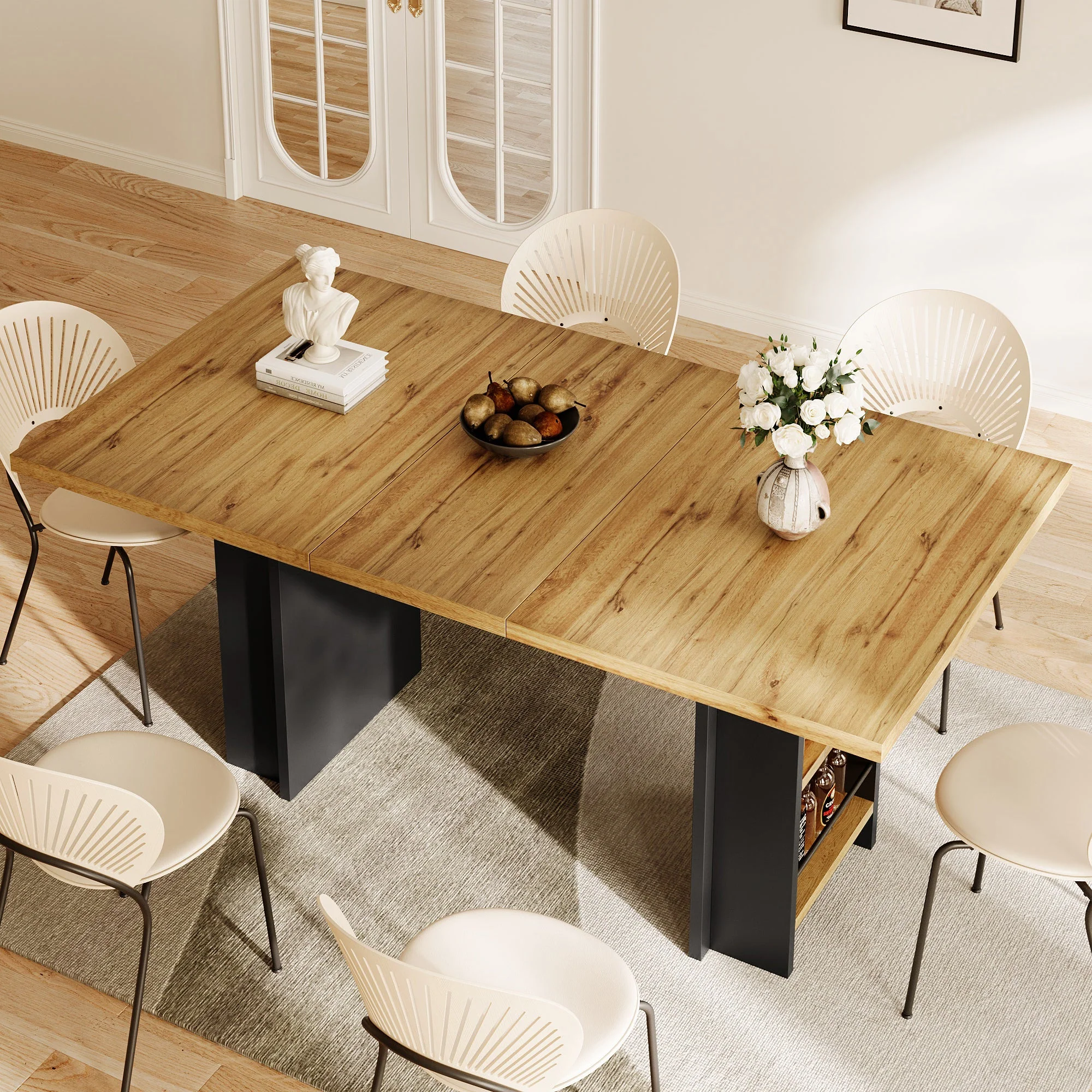 Telescopic Dining Table with Shelves and Extendable 120-160cm Surface, Wood Color - Image 9