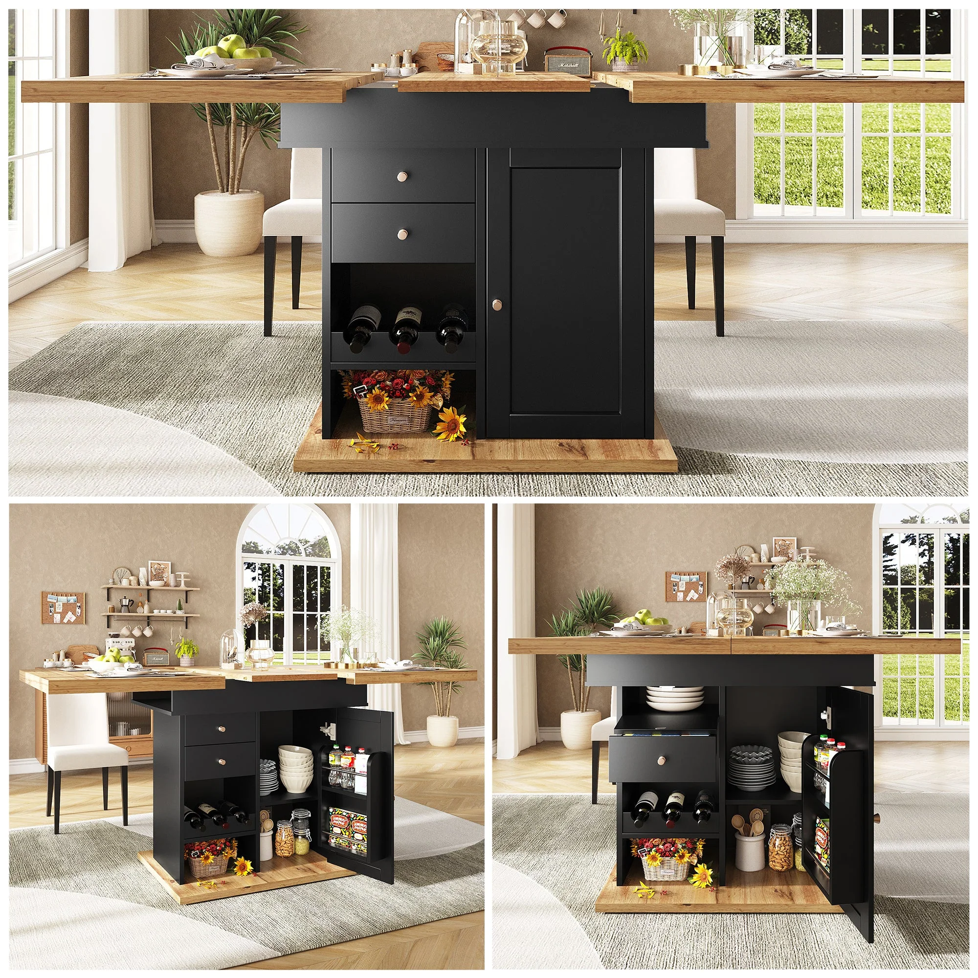 Telescopic Dining Table with Wine Rack and Snack Shelf, Extendable and Foldable, Wood Finish