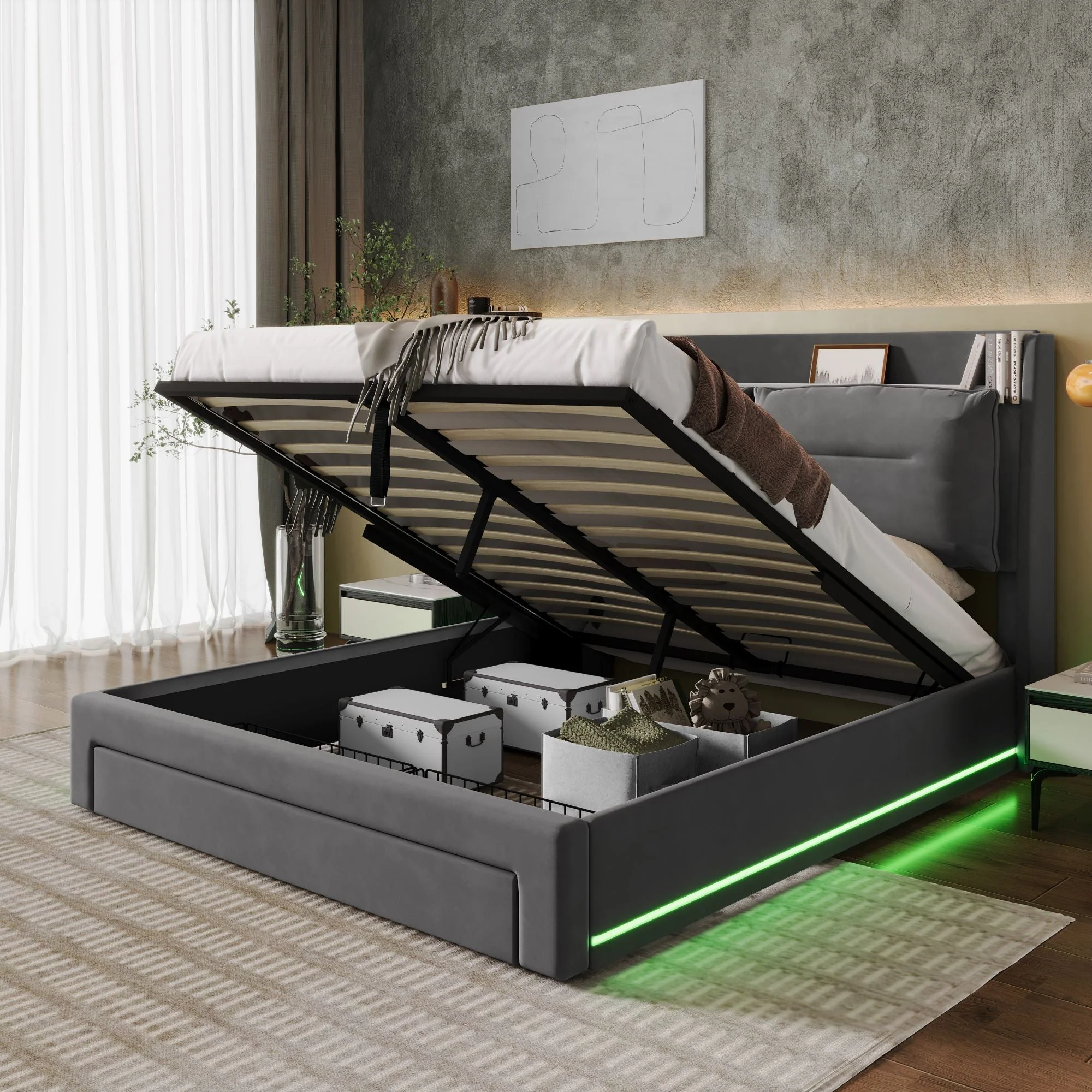 LED upholstered bed, 140 × 190 cm, hydraulic bed, 2-in-1 storage drawers at the foot of the bed, built-in LED light strips on both sides of the bed, slatted base, mattress not included, velvet, grey. - Image 21