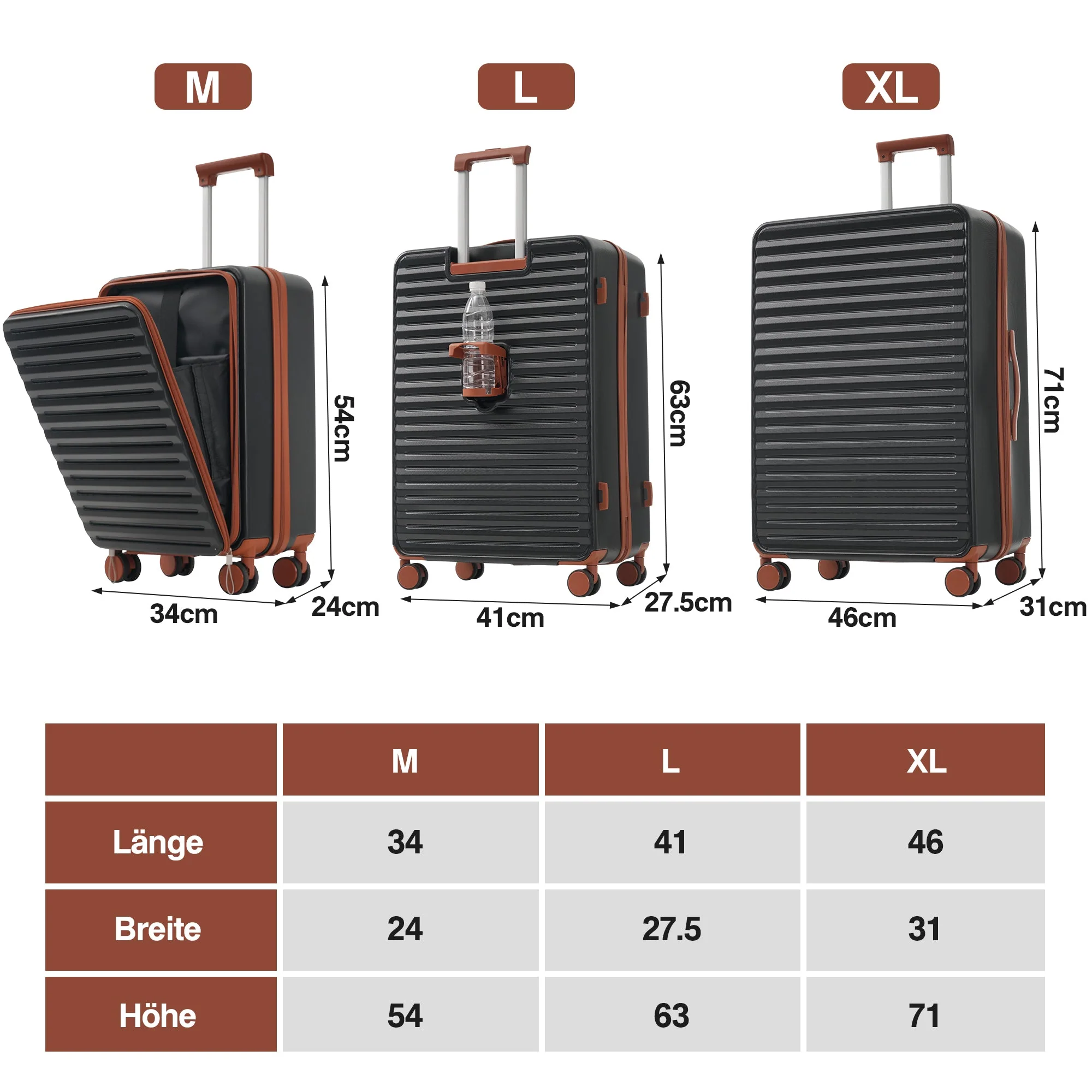 Three-piece Luggage Set – Front-Opening, Foldable Cup Holders, TSA Lock, 360° Wheels, ABS Material - Image 3