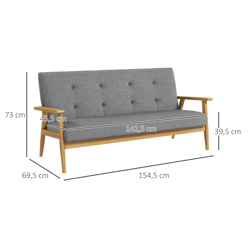 Three-Seater Upholstered Sofa, Rubberwood, Grey - Image 3