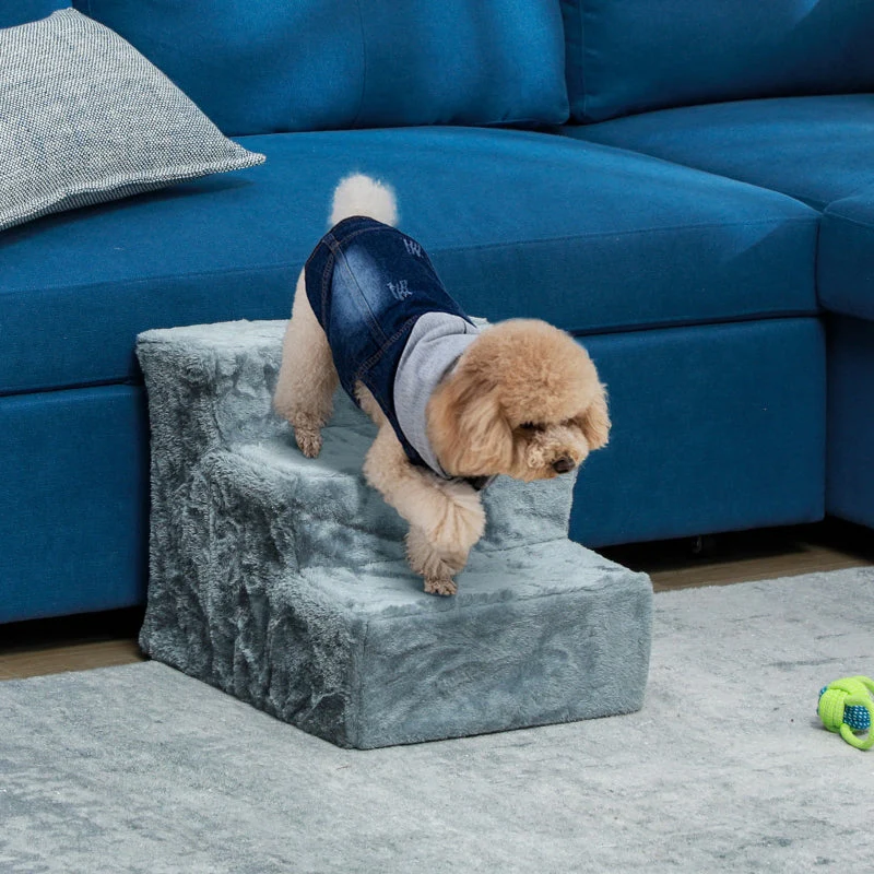 Three-Step Dog Stairs, Washable Plush Cover, High Bed Sofa - Light Grey