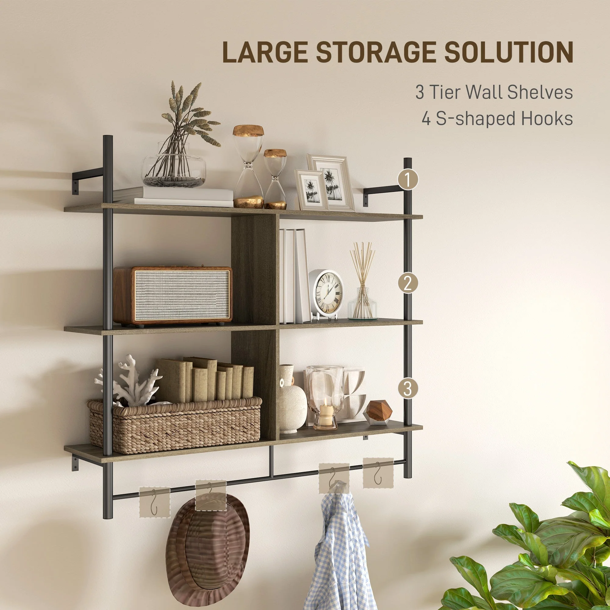 Three-Tier Floating Shelf Wall Display Storage Unit Grey Wood Effect - Image 4
