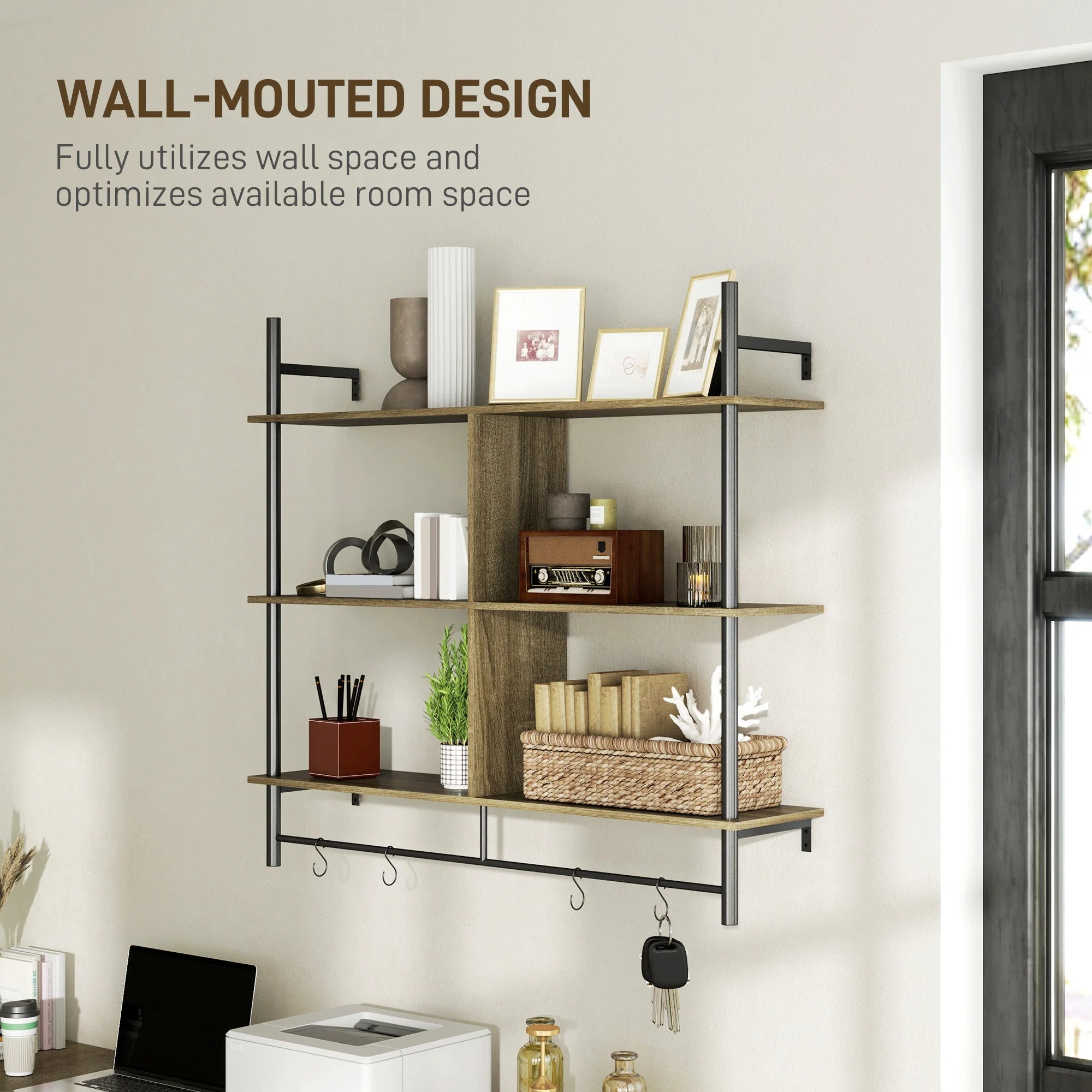 Three-Tier Floating Shelf Wall Display Storage Unit Grey Wood Effect - Image 6