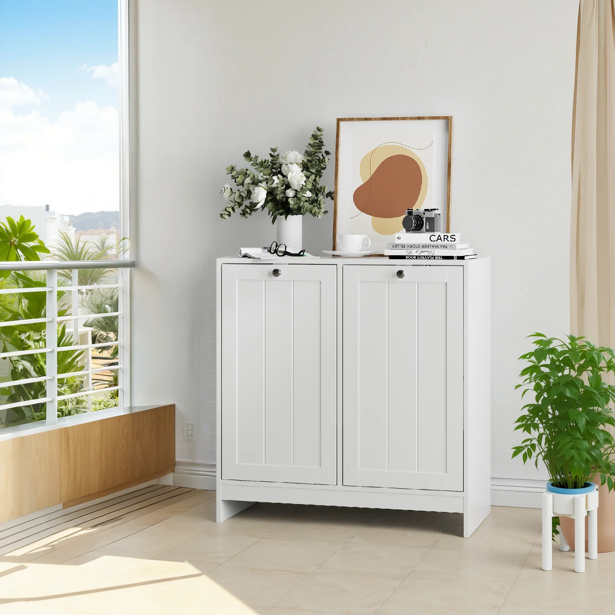 Tilting Laundry Basket Cabinet with Removable Hamper and Storage, Freestanding Bathroom Organizer, White MDF - Image 8