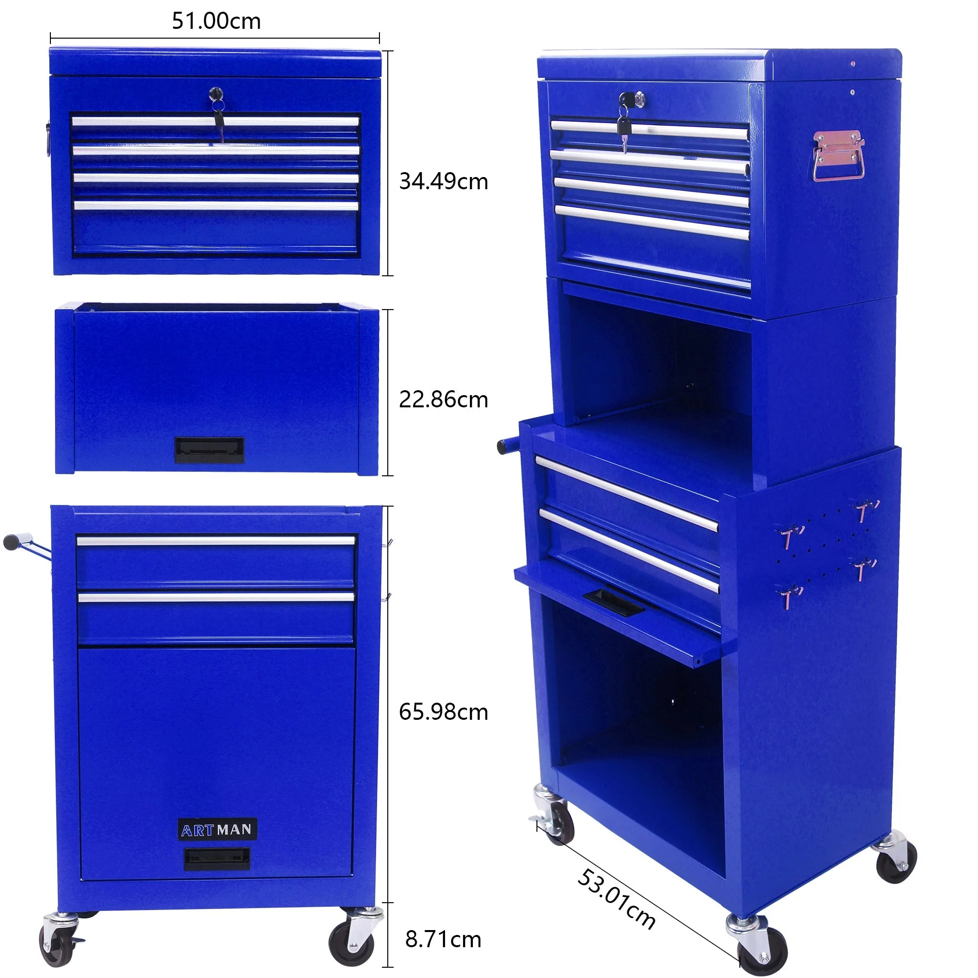 Tool Cabinet 6-Drawer Rolling 2-in-1 Organizer Blue - Image 5