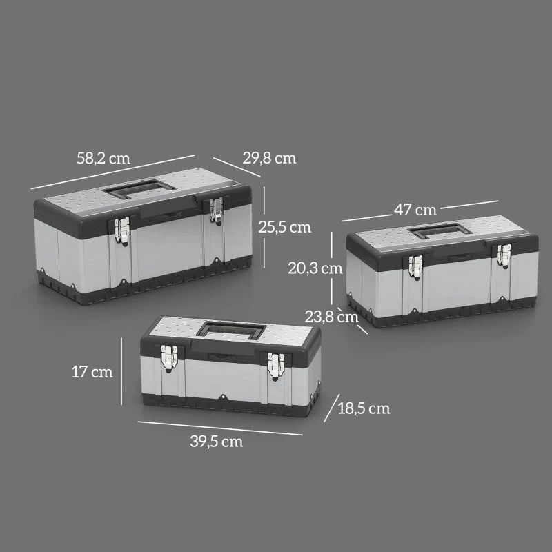 Tool Case, 3 Empty Tool Boxes with Removable Tray, Stainless Steel, Black + Silver - Image 3