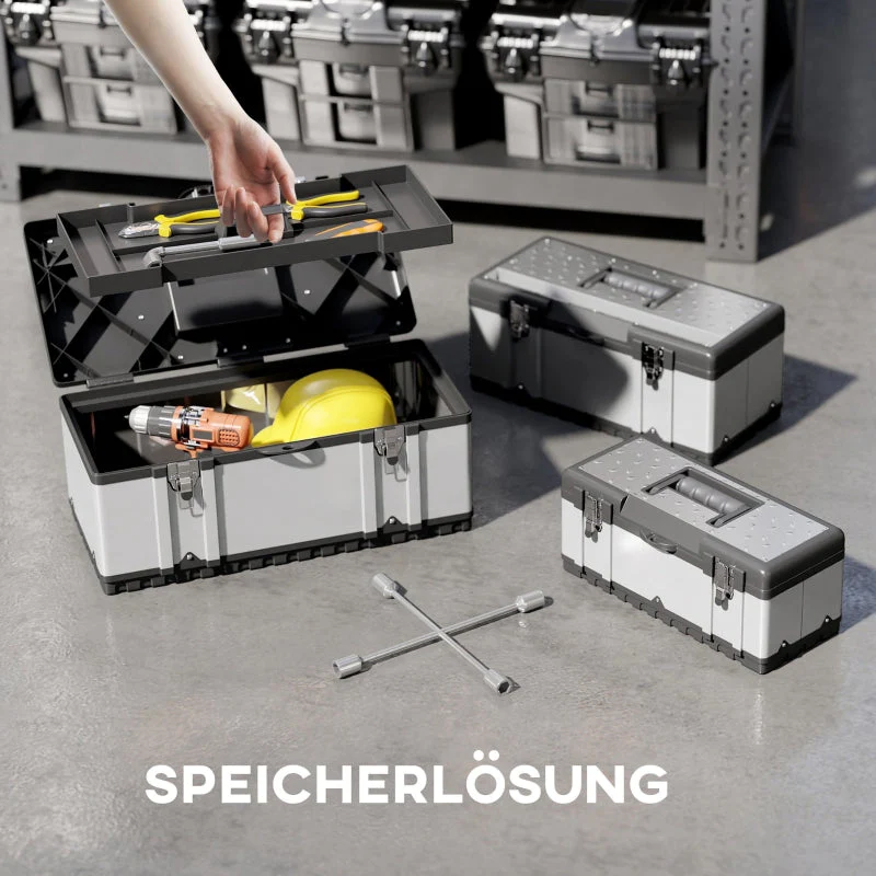 Tool Case, 3 Empty Tool Boxes with Removable Tray, Stainless Steel, Black + Silver - Image 4